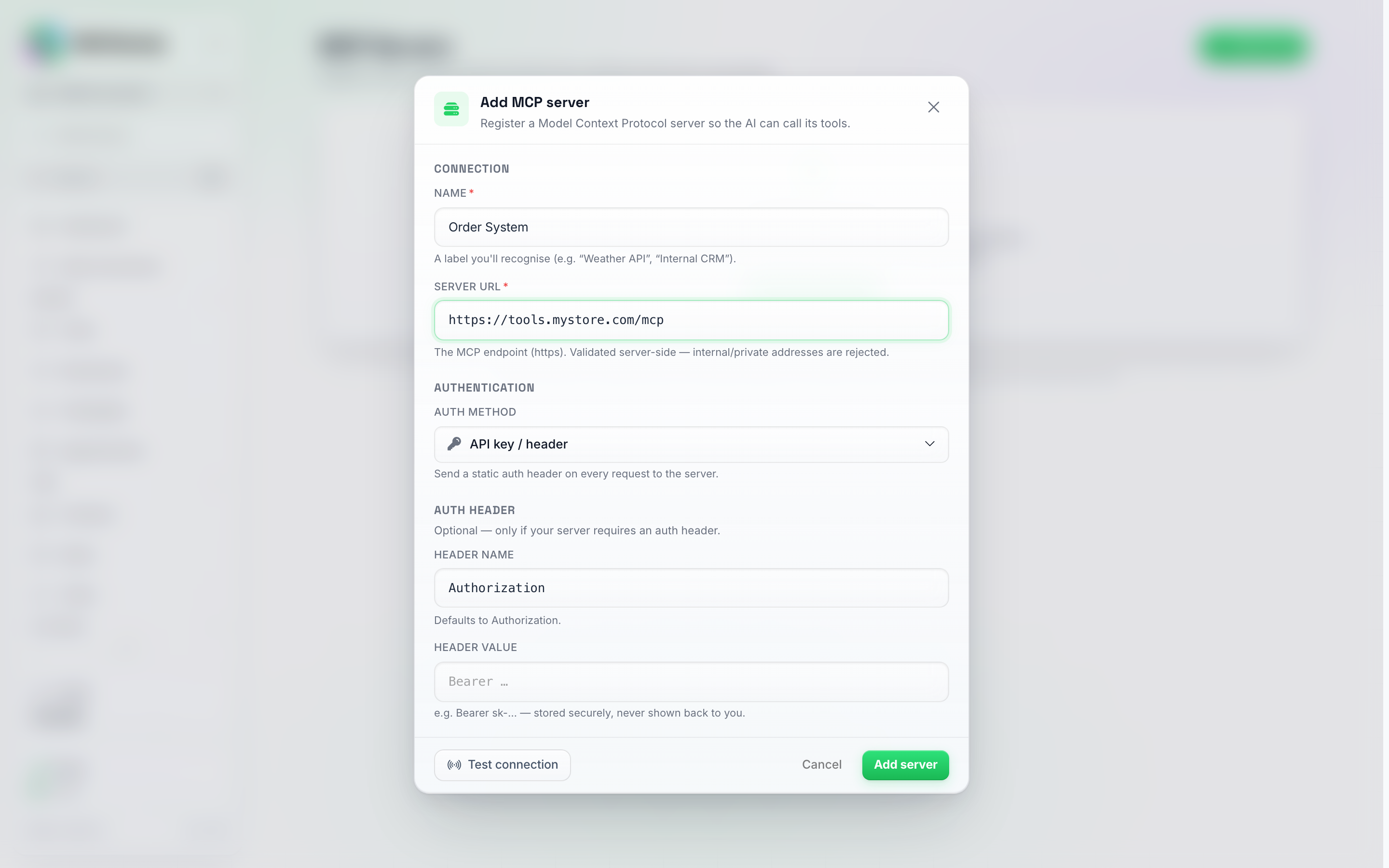 The Add MCP server pop-up filled in with Name Order System and Server URL https://tools.mystore.com/mcp, Auth Method set to API key / header, and an empty Header Value field