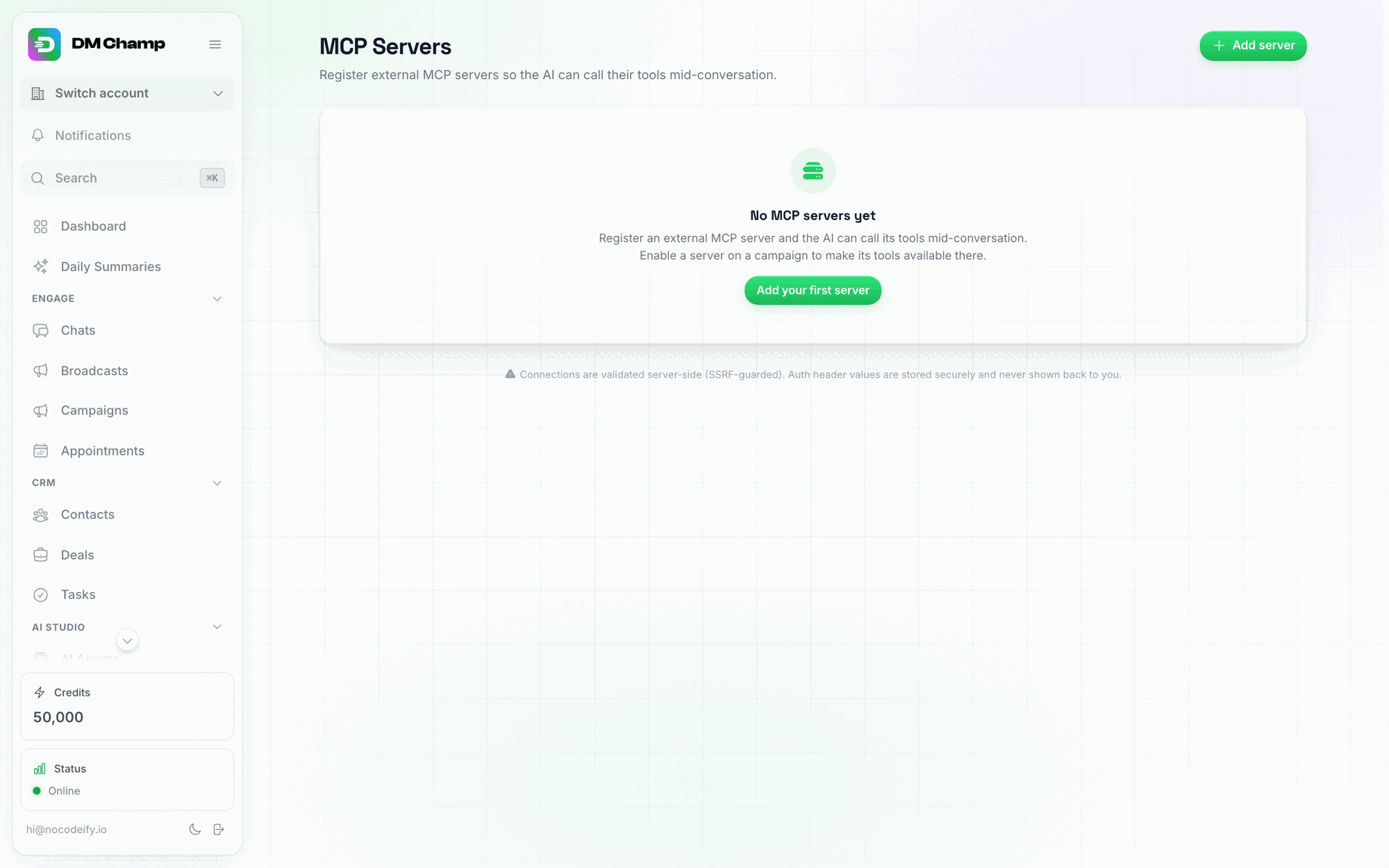 The empty MCP Servers page with an Add server button