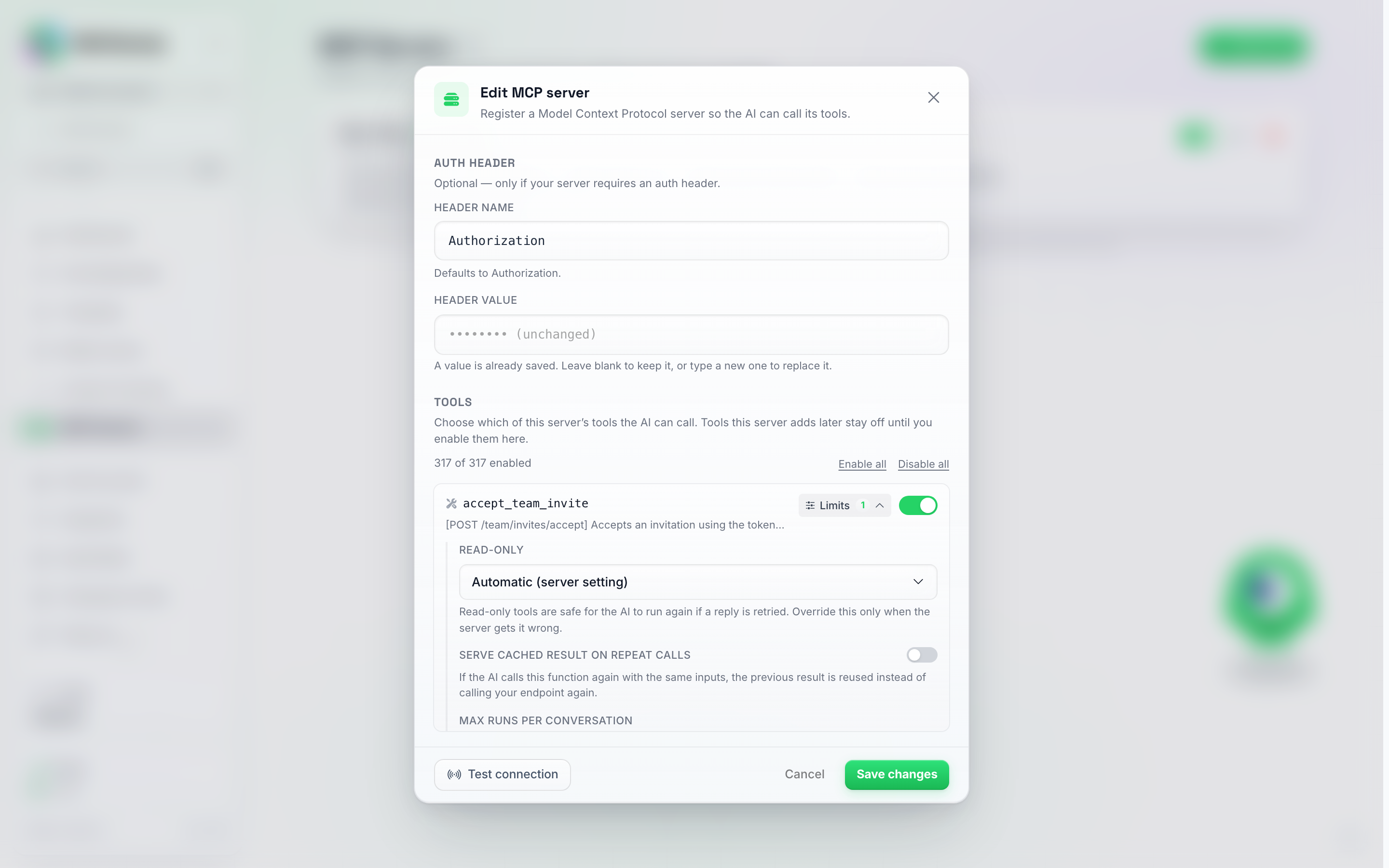 A tool row in the MCP server editor expanded via its Limits button, showing a Read-only picker set to Automatic (server setting), a Serve cached result on repeat calls toggle, and a Max runs per conversation field below