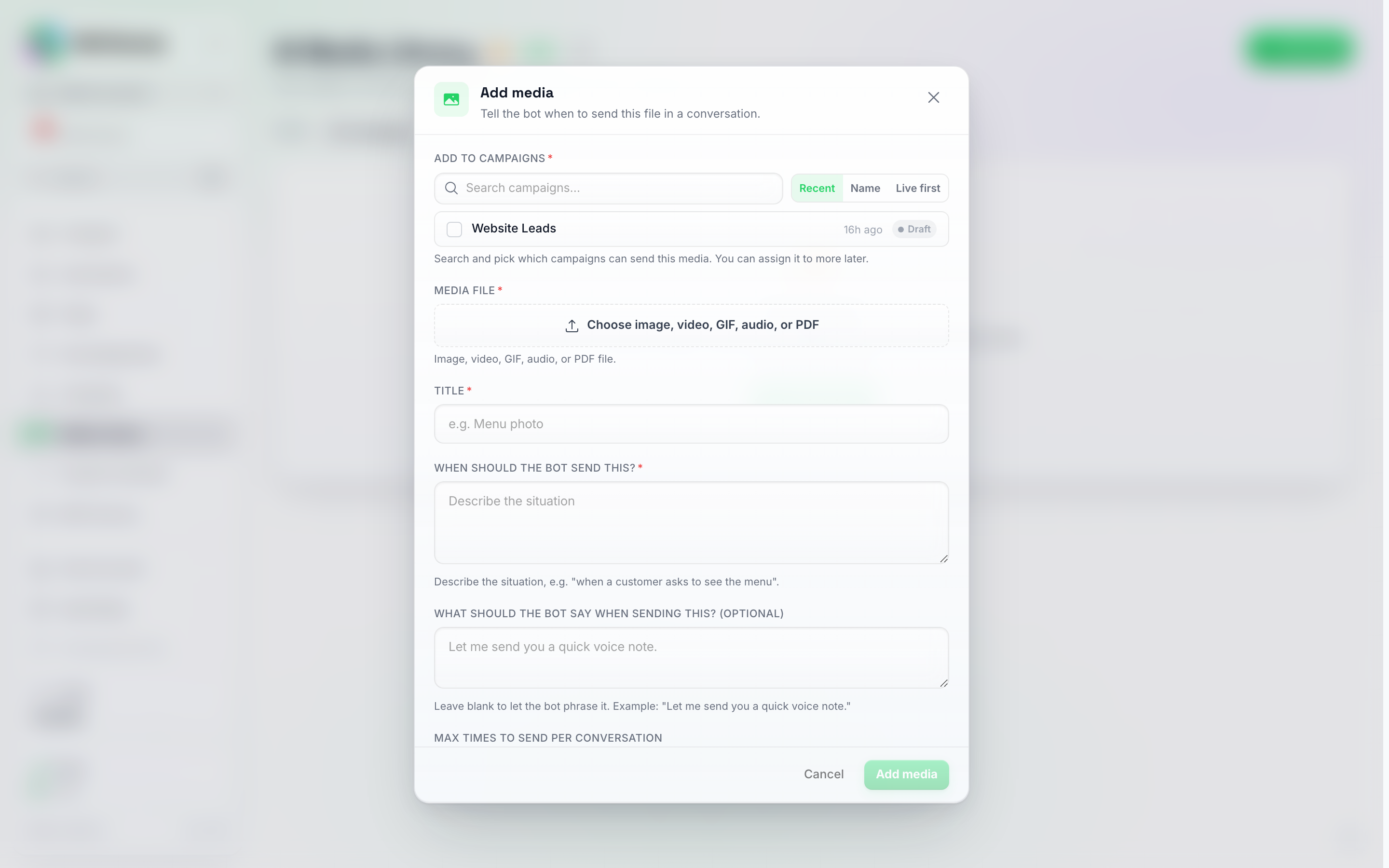 The Add media pop-up, empty, showing Add to campaigns, Media file, Title, and When should the bot send this fields