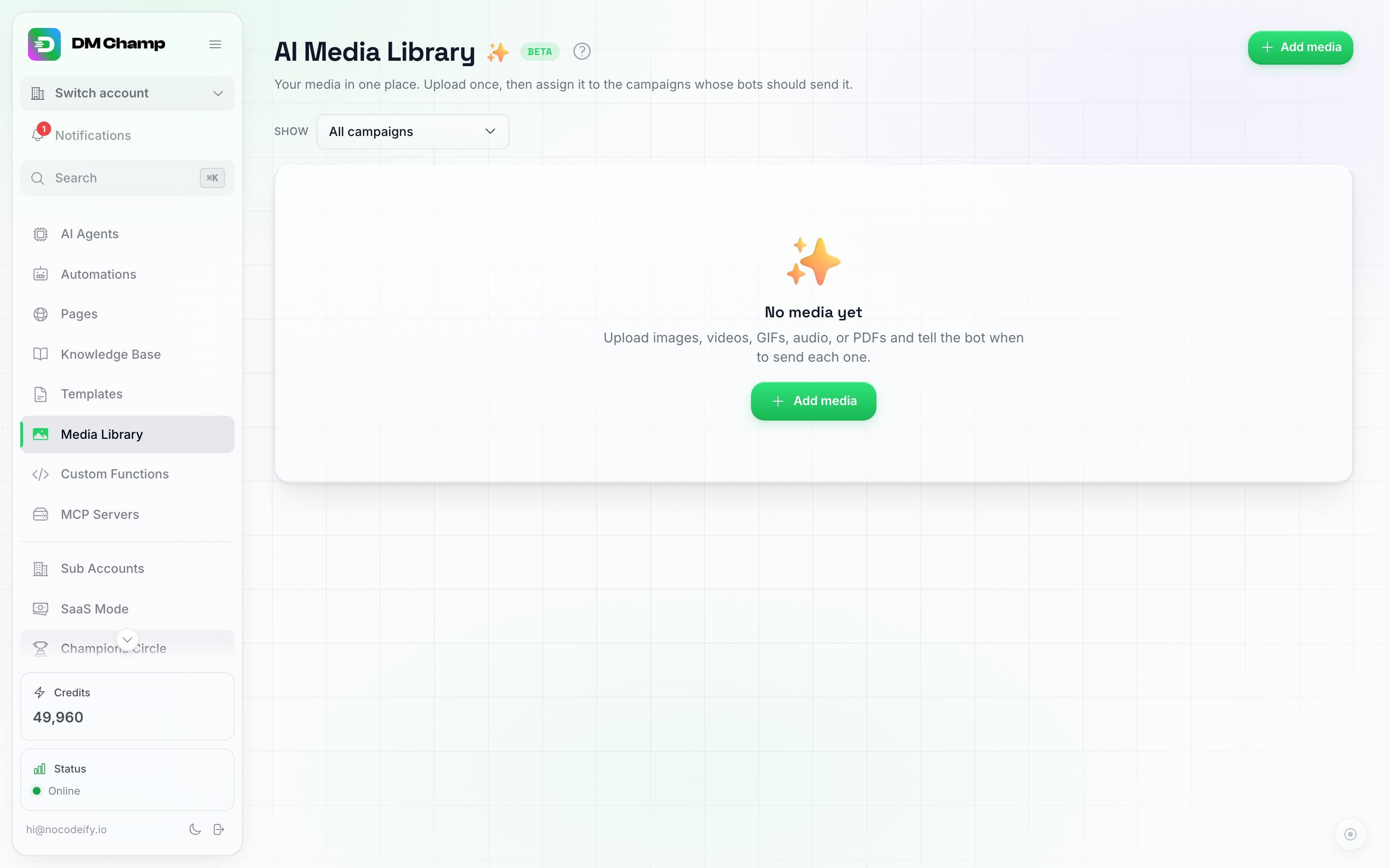 The empty AI Media Library page with an Add media button