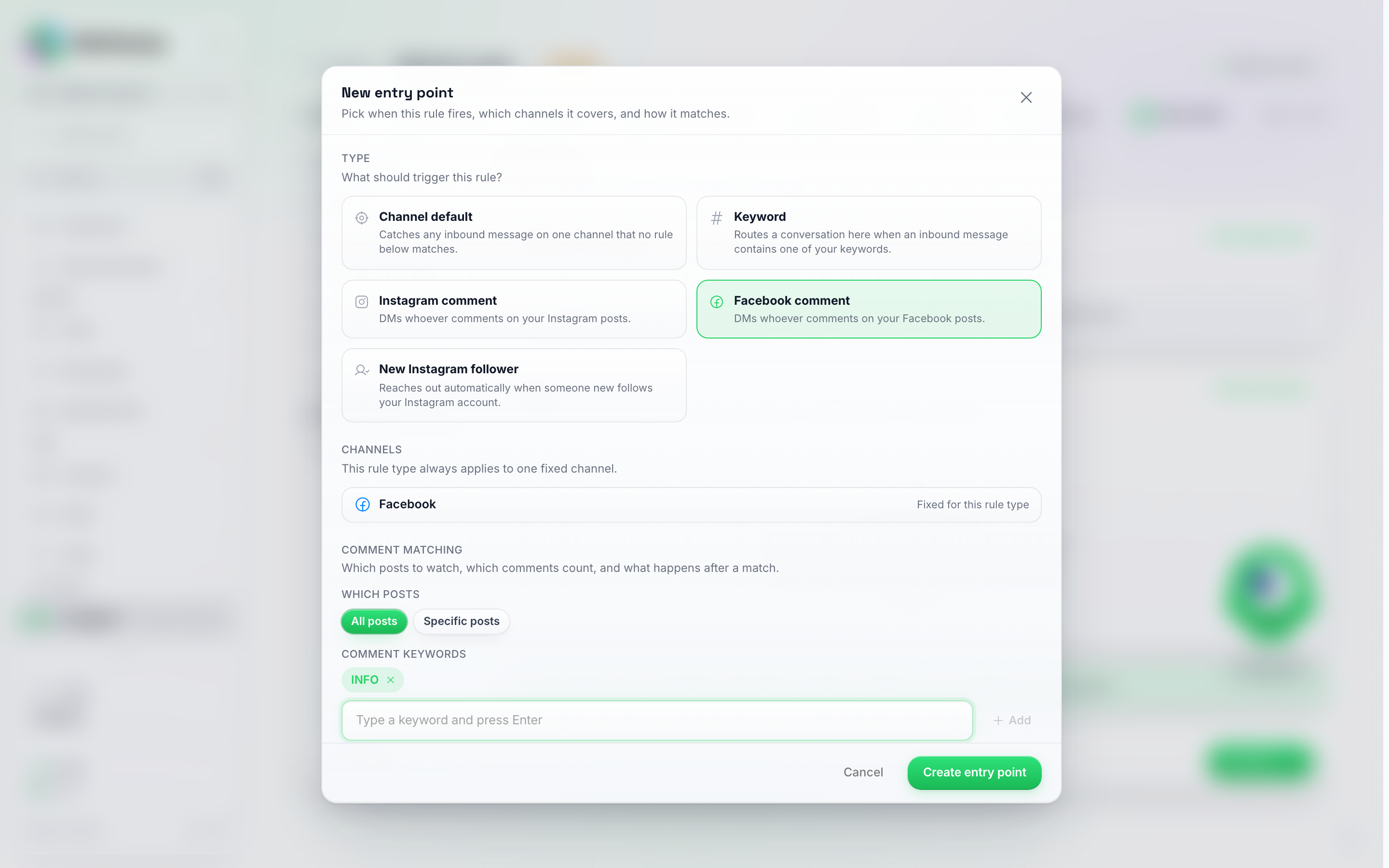The New Entry Point dialog with Facebook Comment selected as the type, channel locked to Facebook, and Comment Matching showing All posts vs Specific posts and a Comment Keywords field holding the keyword INFO