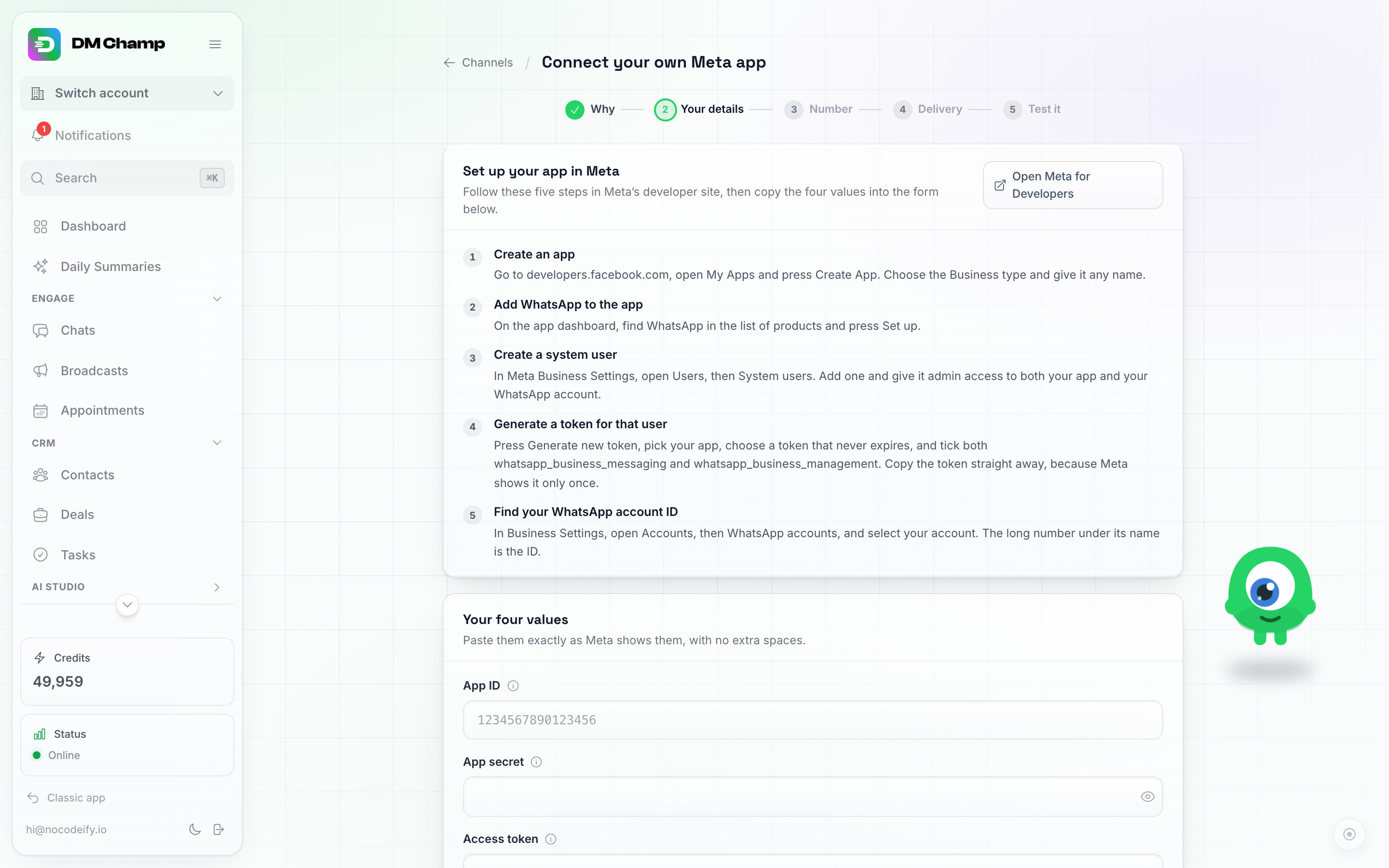 خطوة تفاصيلك: تعليمات إعداد تطبيقك في Meta مع زر فتح Meta للمطورين، فوق نموذج قيمك الأربع مع حقول معرف التطبيق وسر التطبيق
