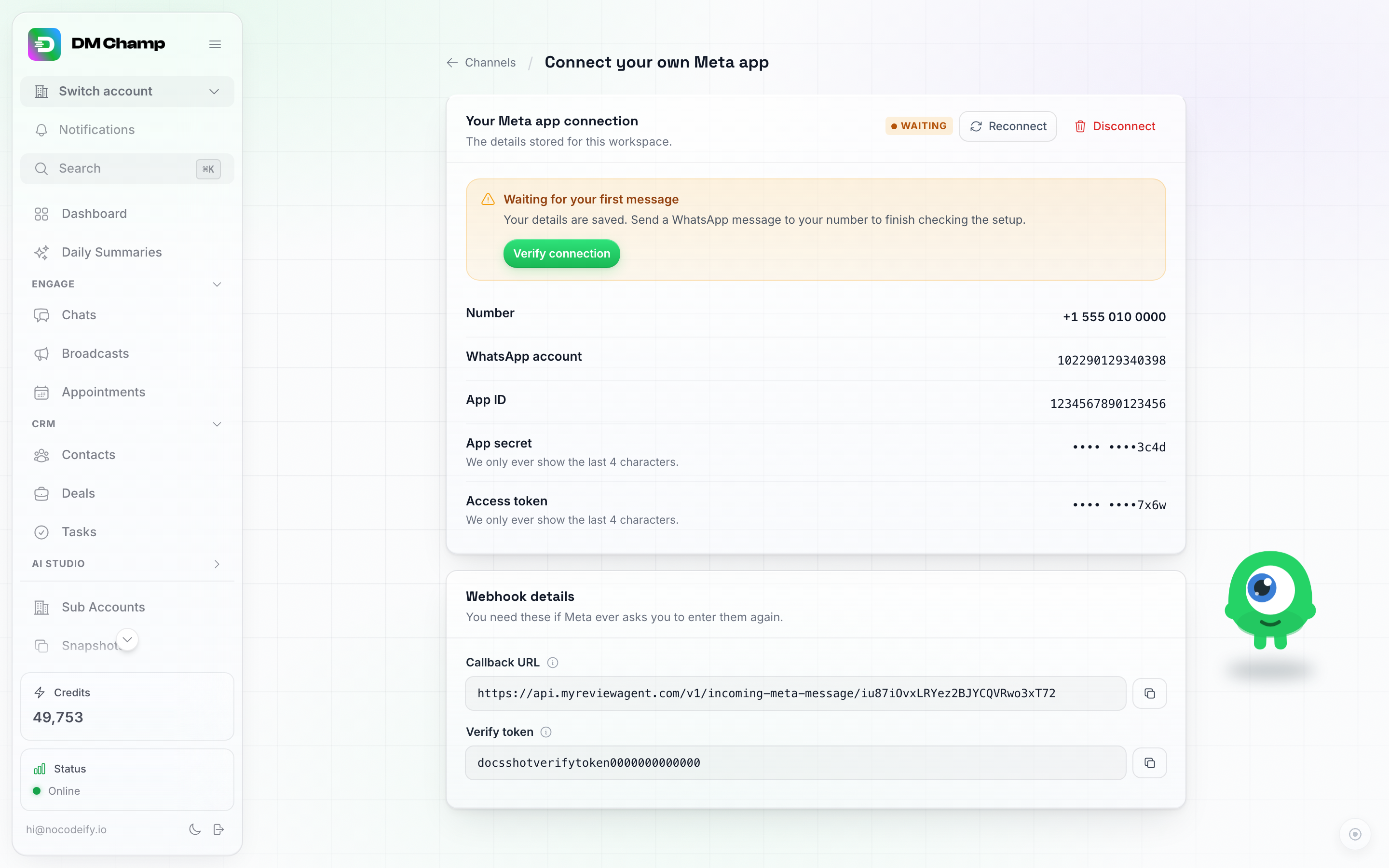 Cardul de conexiune al aplicației Your Meta, care afișează numărul conectat și ID-urile contului, secrete mascate și detaliile Webhook cu URL-ul de Callback și token-ul de Verificare