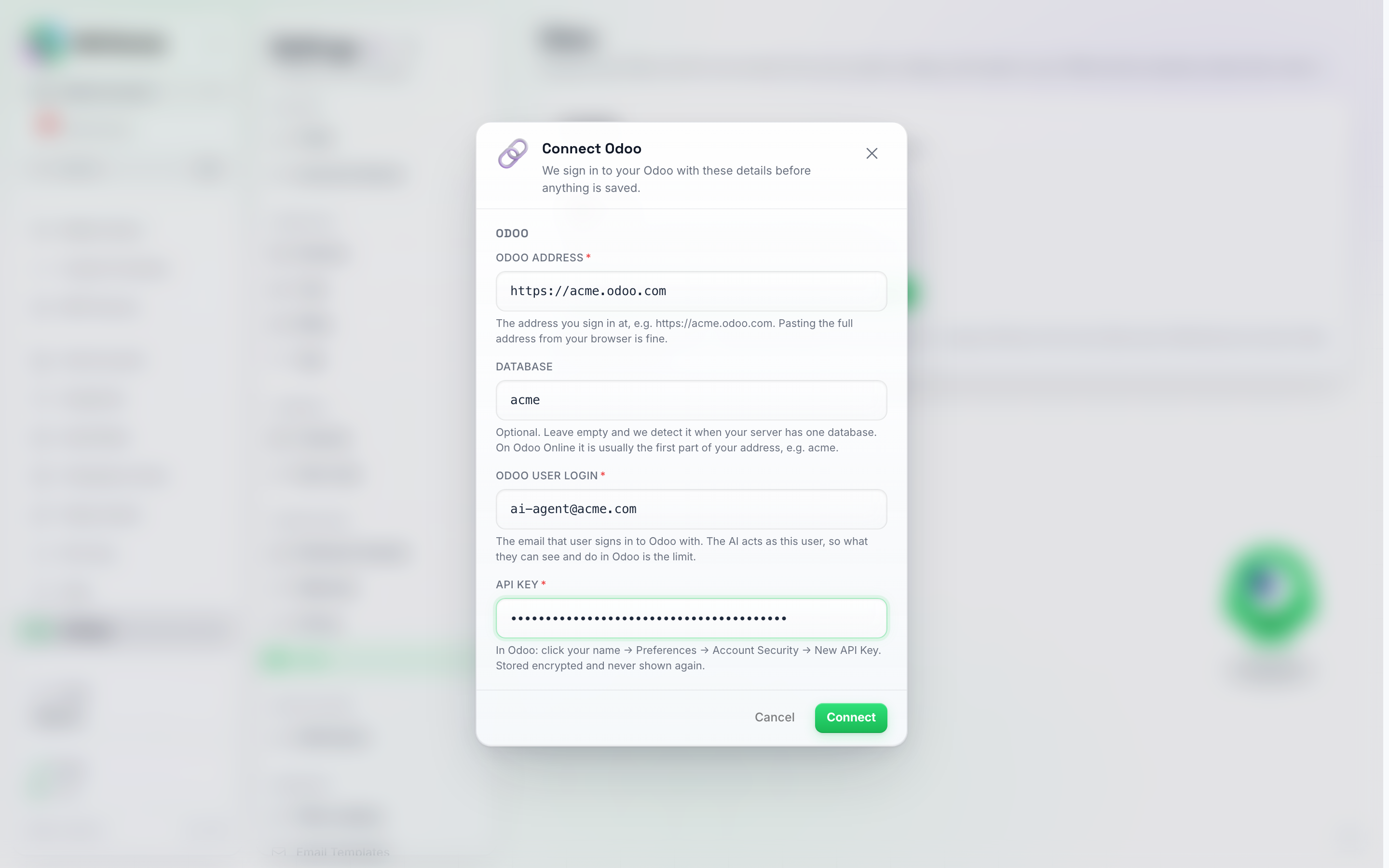 The Connect Odoo dialog with fields for Odoo address, Database, Odoo user login and API key, each with a hint underneath, and Cancel and Connect buttons