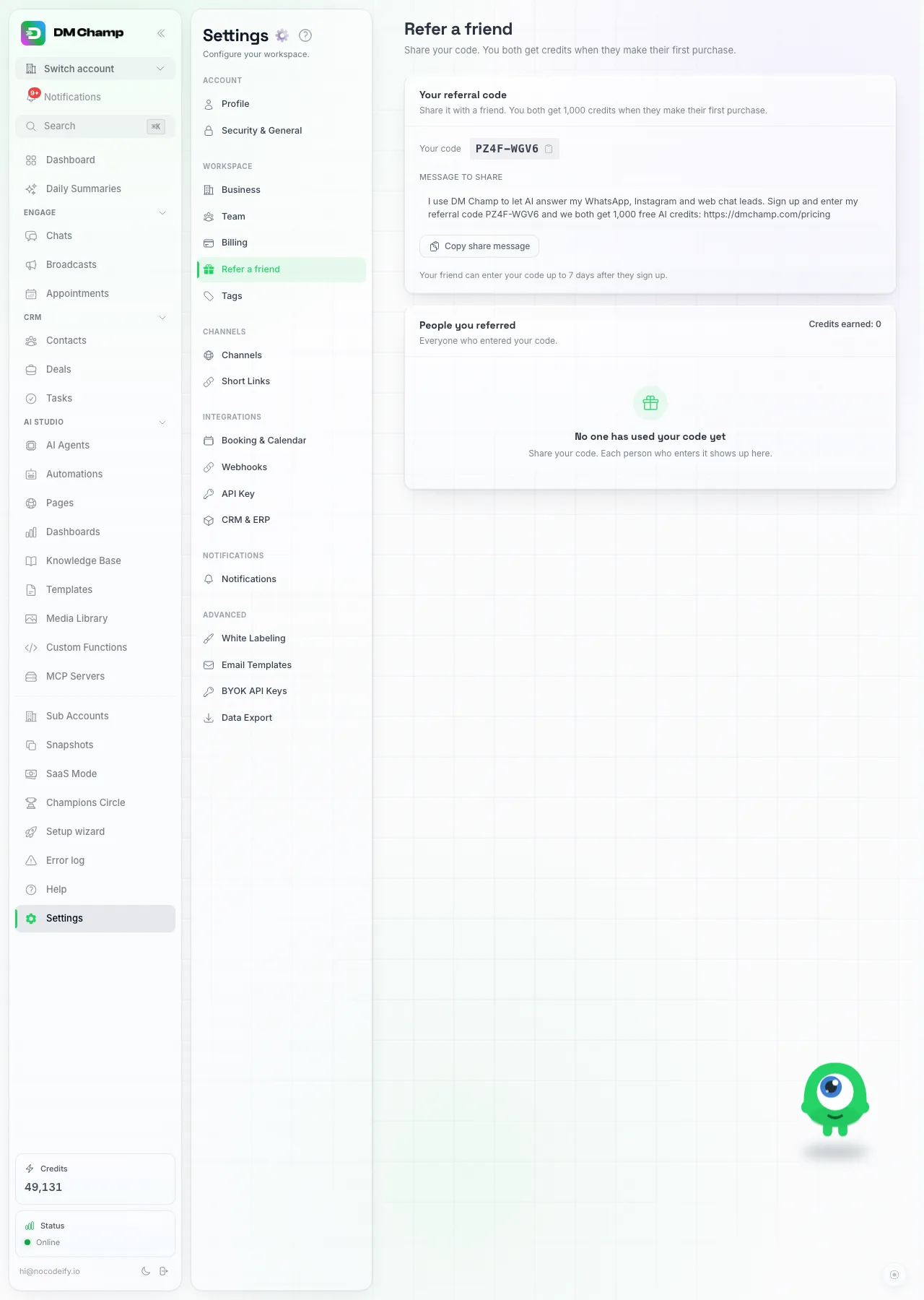 The Refer a friend section in Settings: your referral code with a copy button, the message to share, and the list of people who used your code