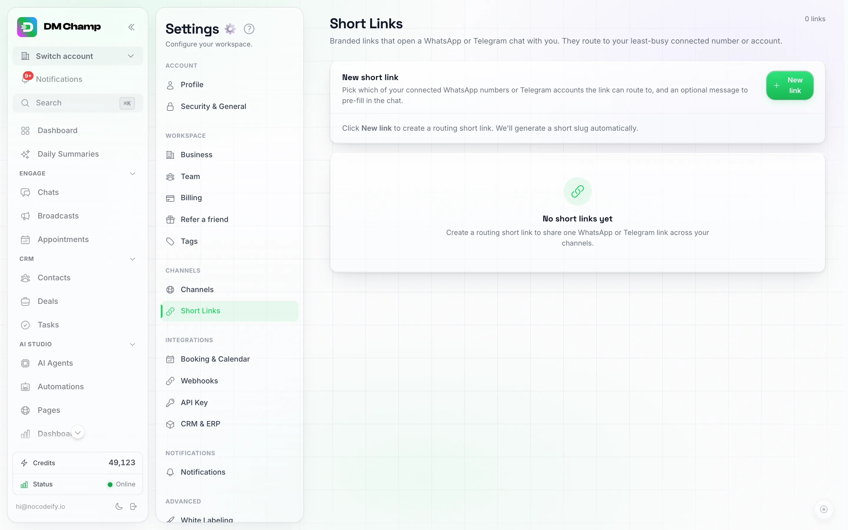 La página de Enlaces cortos en Configuración, que muestra la tarjeta Nuevo enlace corto y una lista vacía de enlaces cortos