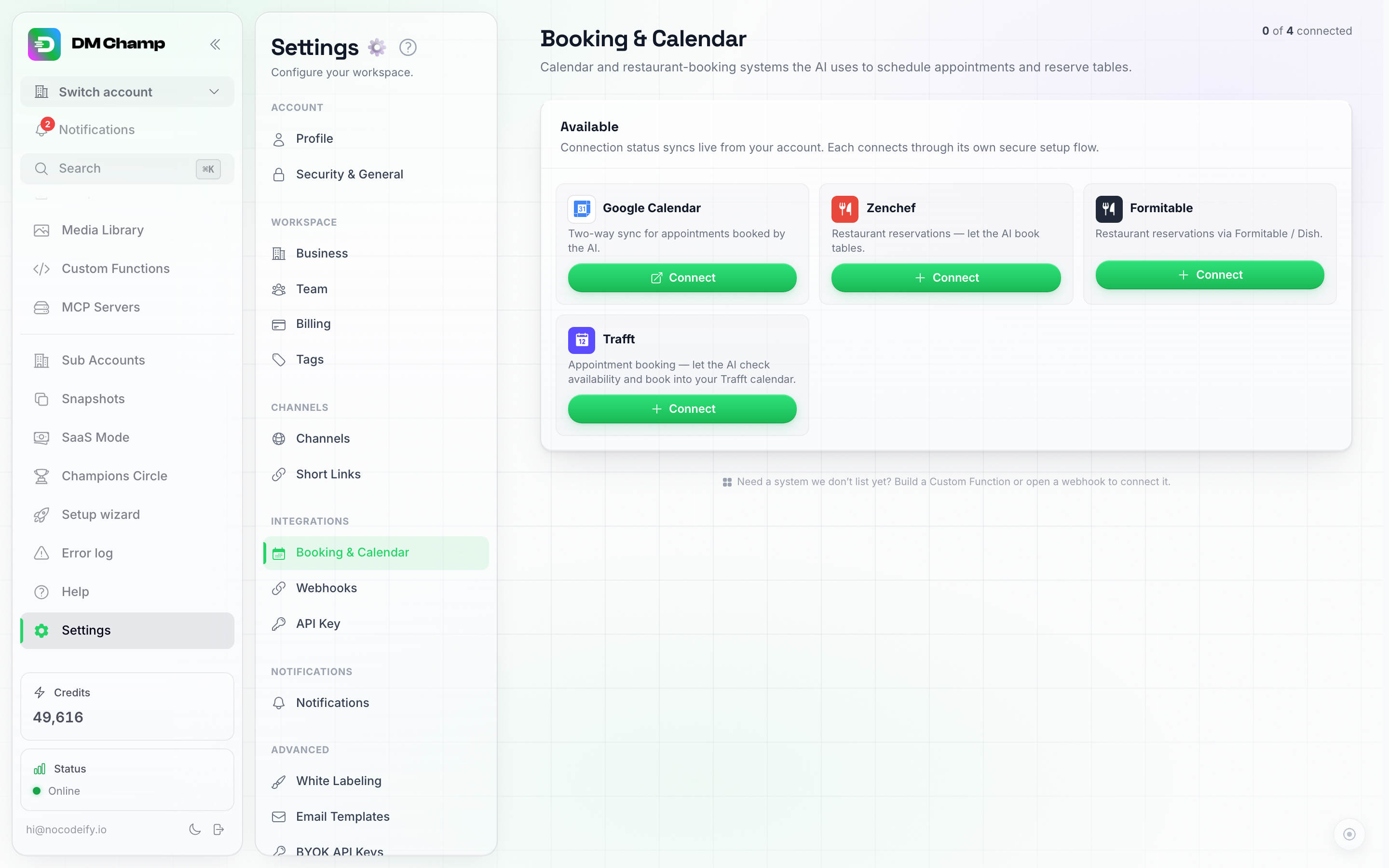 Layar pengaturan Pemesanan & Kalender, menampilkan kartu Google Calendar, Zenchef, Formitable, dan Trafft yang masing-masing memiliki tombol Hubungkan