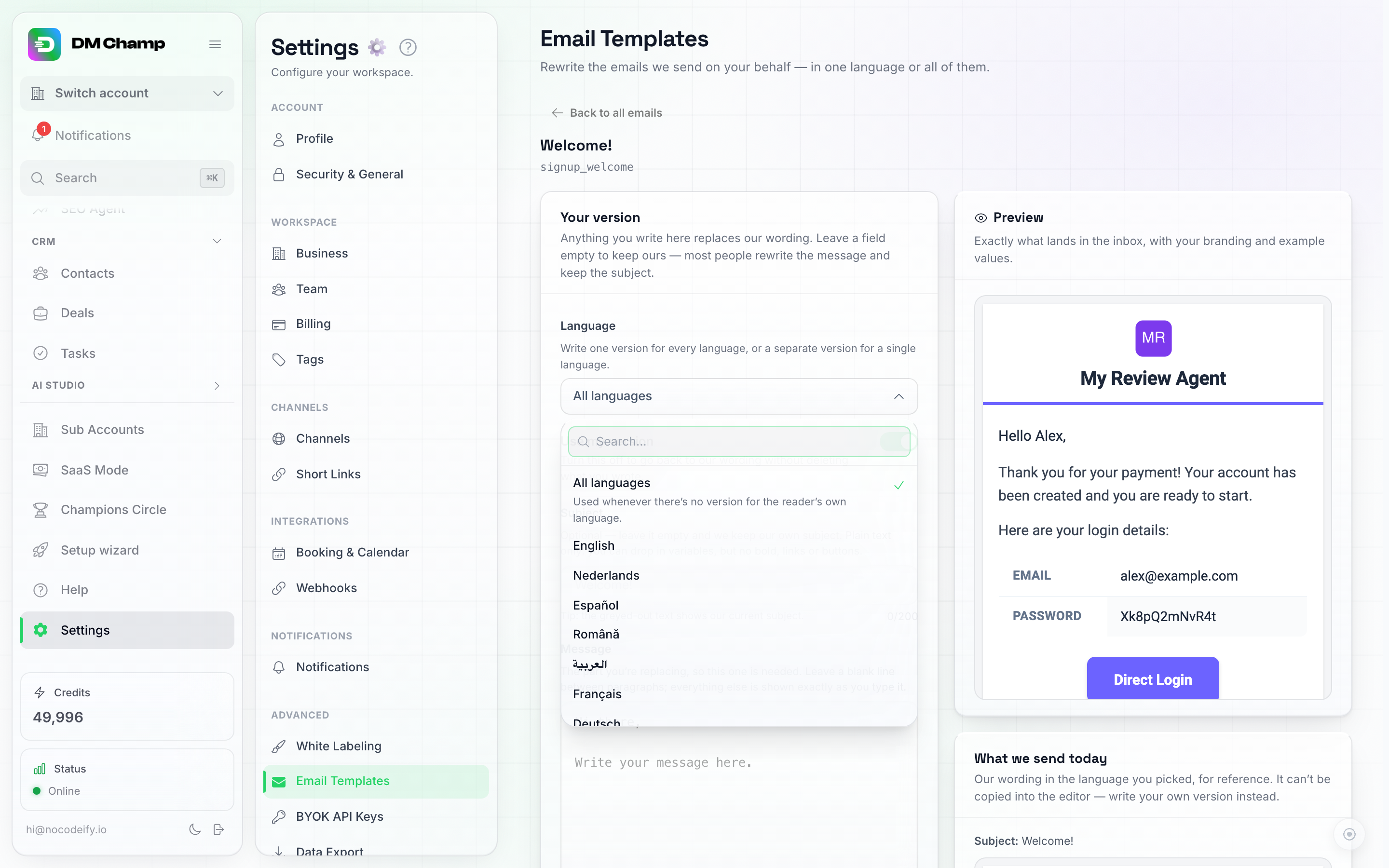 The Language dropdown open in the email template editor, showing All languages selected at the top followed by English, Nederlands, Español, Română and more
