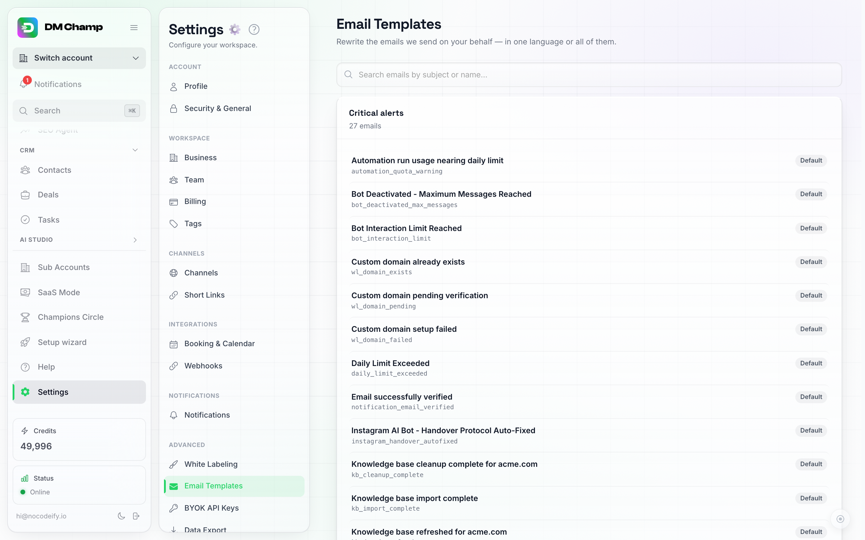 The Email Templates page, showing the search box and emails grouped by category, each row with its subject line and a Default badge on the right