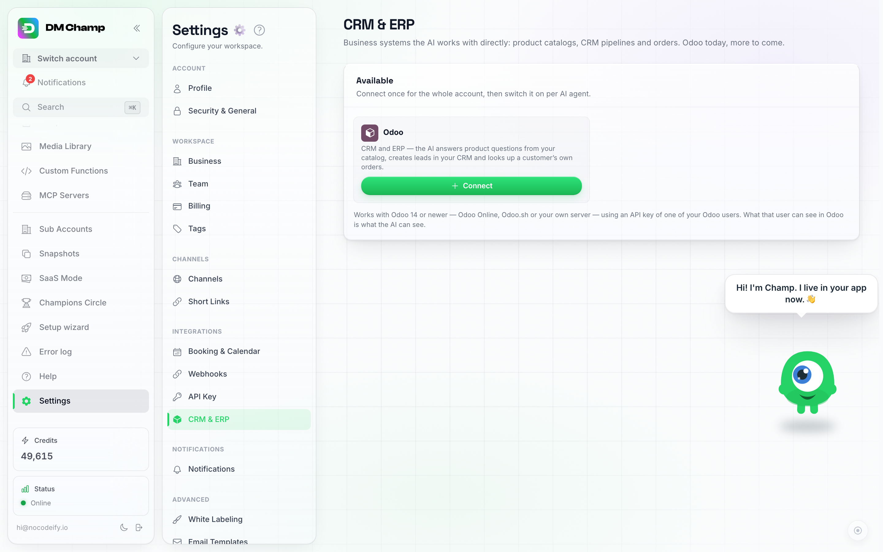 The CRM & ERP settings section with an Available card showing the Odoo tile and a Connect button, and a note that it works with Odoo 14 or newer using an API key of one of your Odoo users