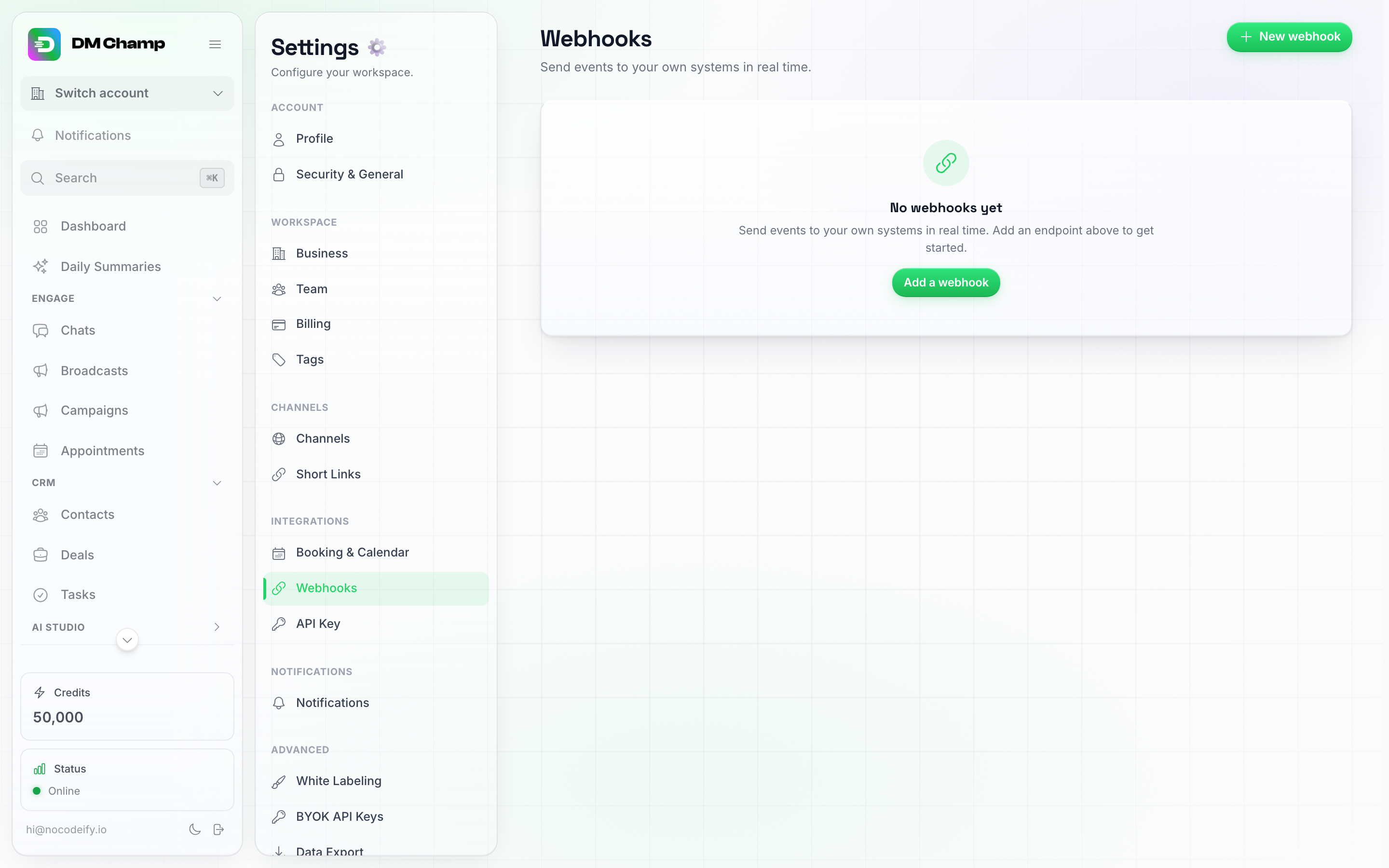 The Webhooks page with no webhooks yet, showing the empty-state card and the New webhook button