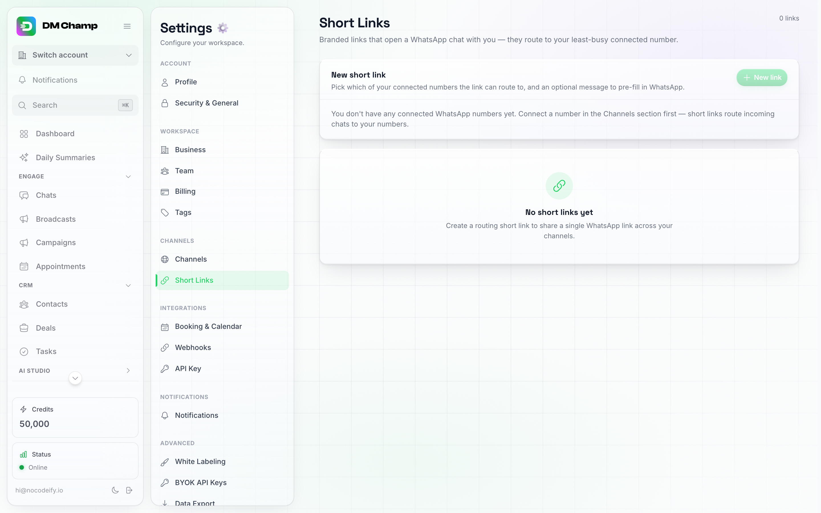 La sezione Short Links, che mostra la scheda New short link e un elenco vuoto con il messaggio No short links yet