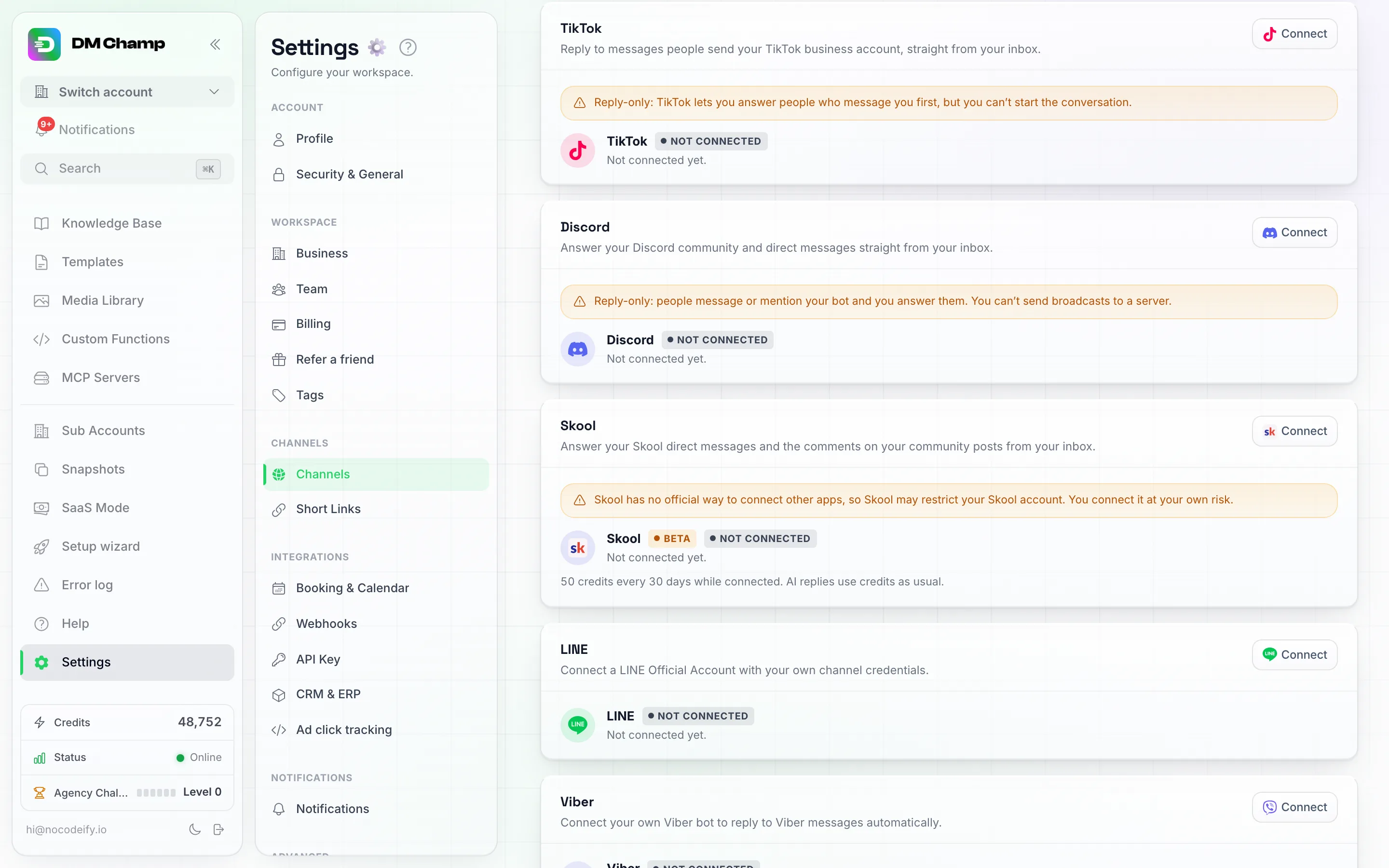The Skool card on the Settings Channels page, with a Beta badge, a Not connected status, the notice that Skool has no official way to connect other apps, the line 50 credits every 30 days while connected, and a Connect button