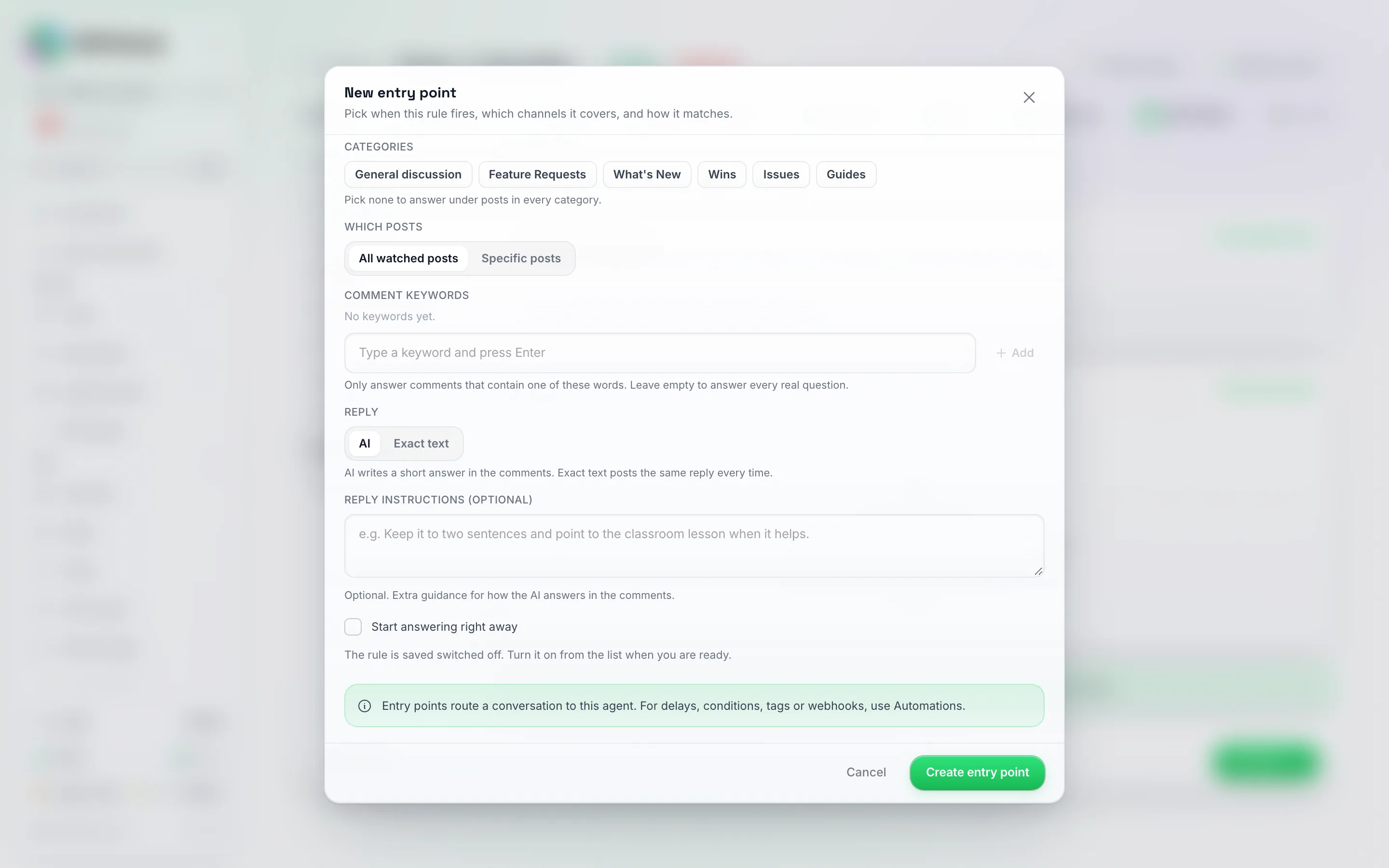 Further down the same window: Categories, Which posts with All watched posts and Specific posts, Comment keywords, Reply with AI and Exact text, Reply instructions (optional), and an unticked Start answering right away checkbox with the note The rule is saved switched off