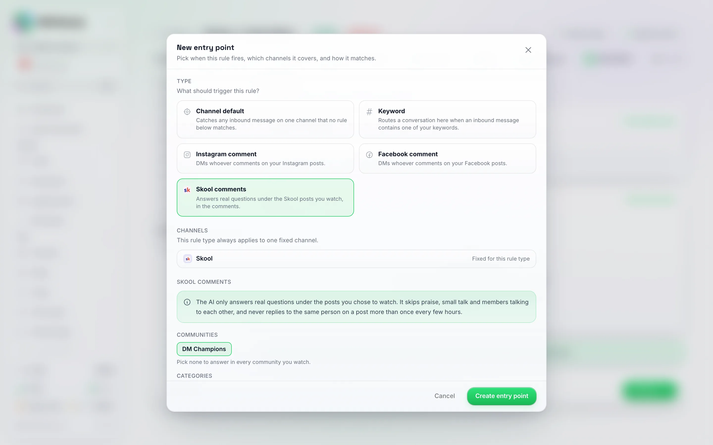 The New entry point window with the type Skool comments selected, the channel fixed to Skool, the explainer that the AI only answers real questions under the posts you chose to watch, and the DM Champions community picked under Communities
