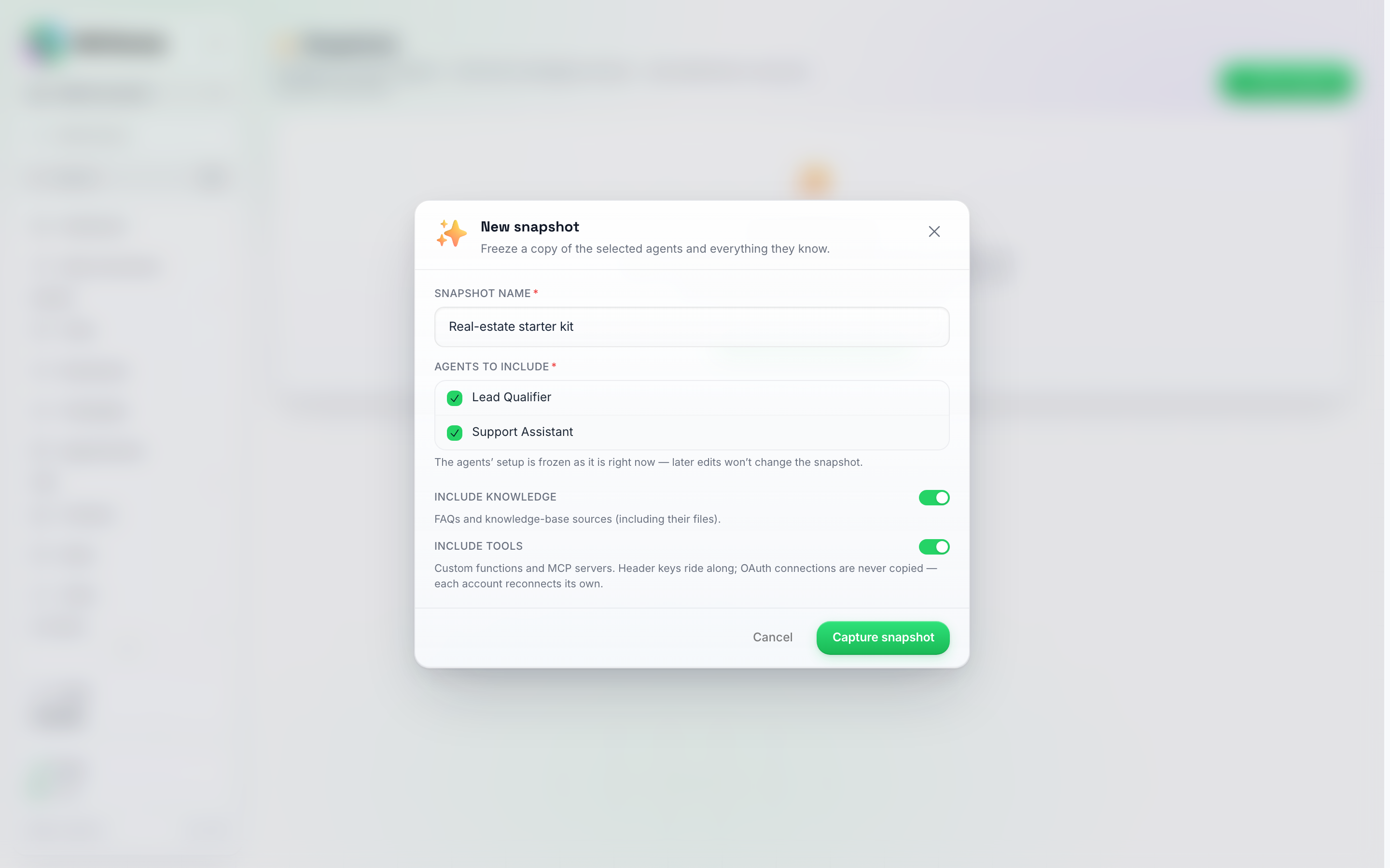 The New snapshot window with a name filled in, two agents ticked, and the Include knowledge and Include tools switches on