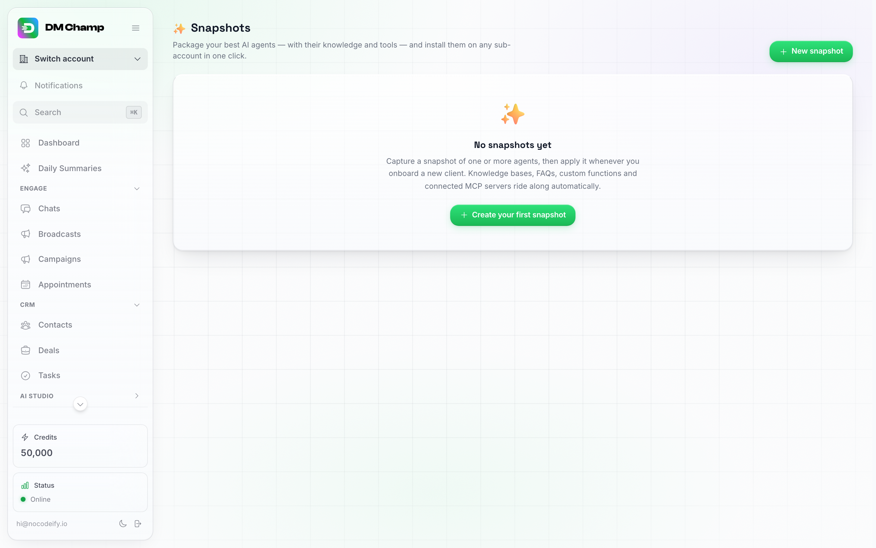 The Snapshots page before any snapshot exists, with the New snapshot button and the empty-state explainer