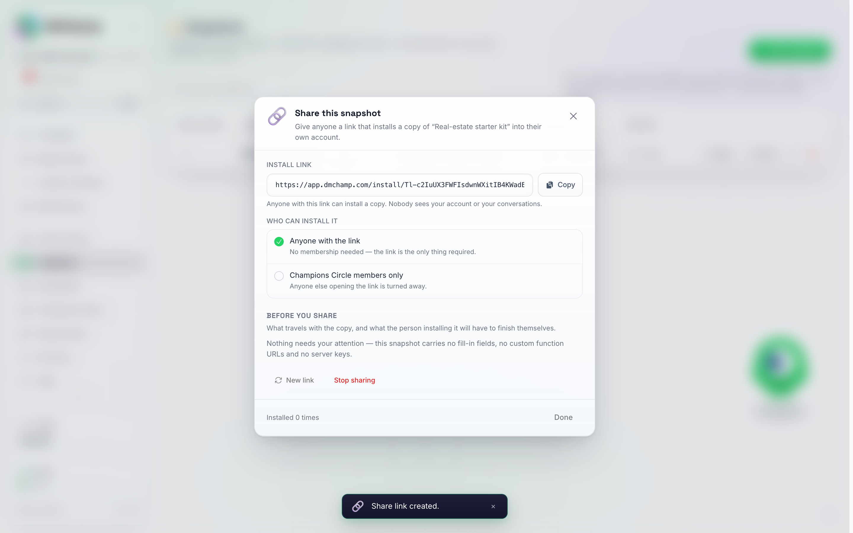 The Share this snapshot window with the install link and Copy button, the Who can install it choice set to Anyone with the link, the Before you share checklist, and the New link and Stop sharing actions
