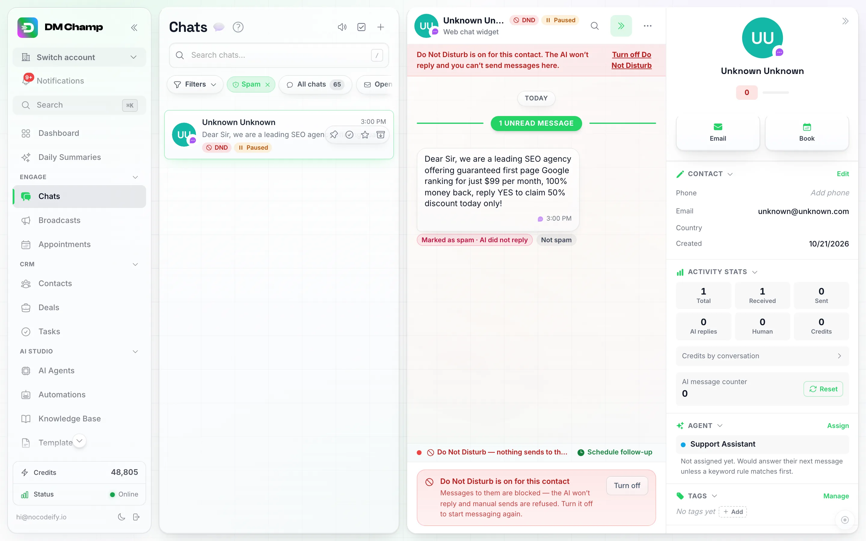 En chat åben i Chats, der viser en salgsfremmende første besked fra en ny kontakt, med en rød 'Marked as spam · AI did not reply'-etiket og en 'Not spam'-knap under beskeden