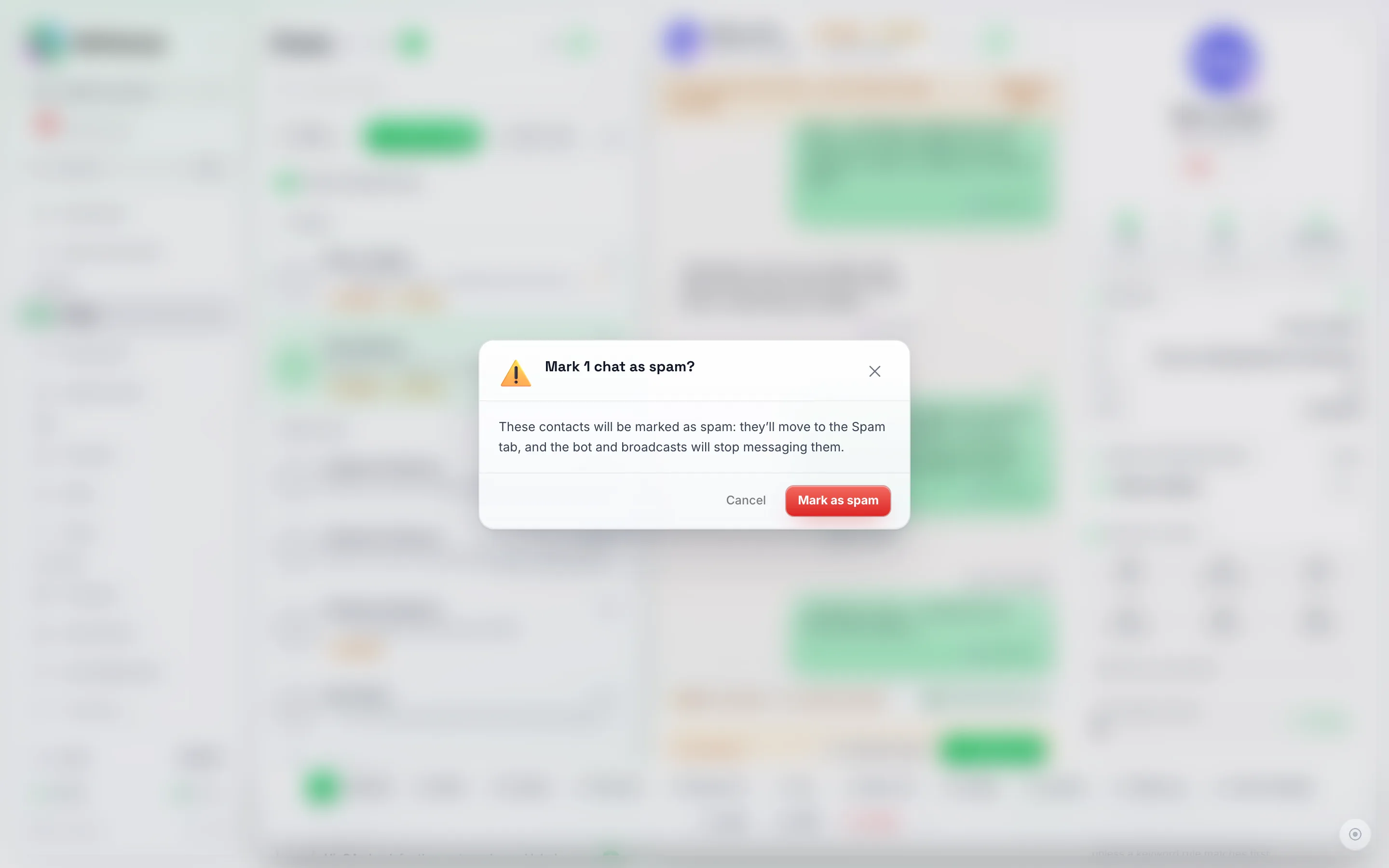 Bekræftelsesdialogboksen 'Mark 1 chat as spam?', der forklarer, at kontakterne flyttes til Spam-fanen, og at botten og udsendelser stopper med at sende beskeder til dem