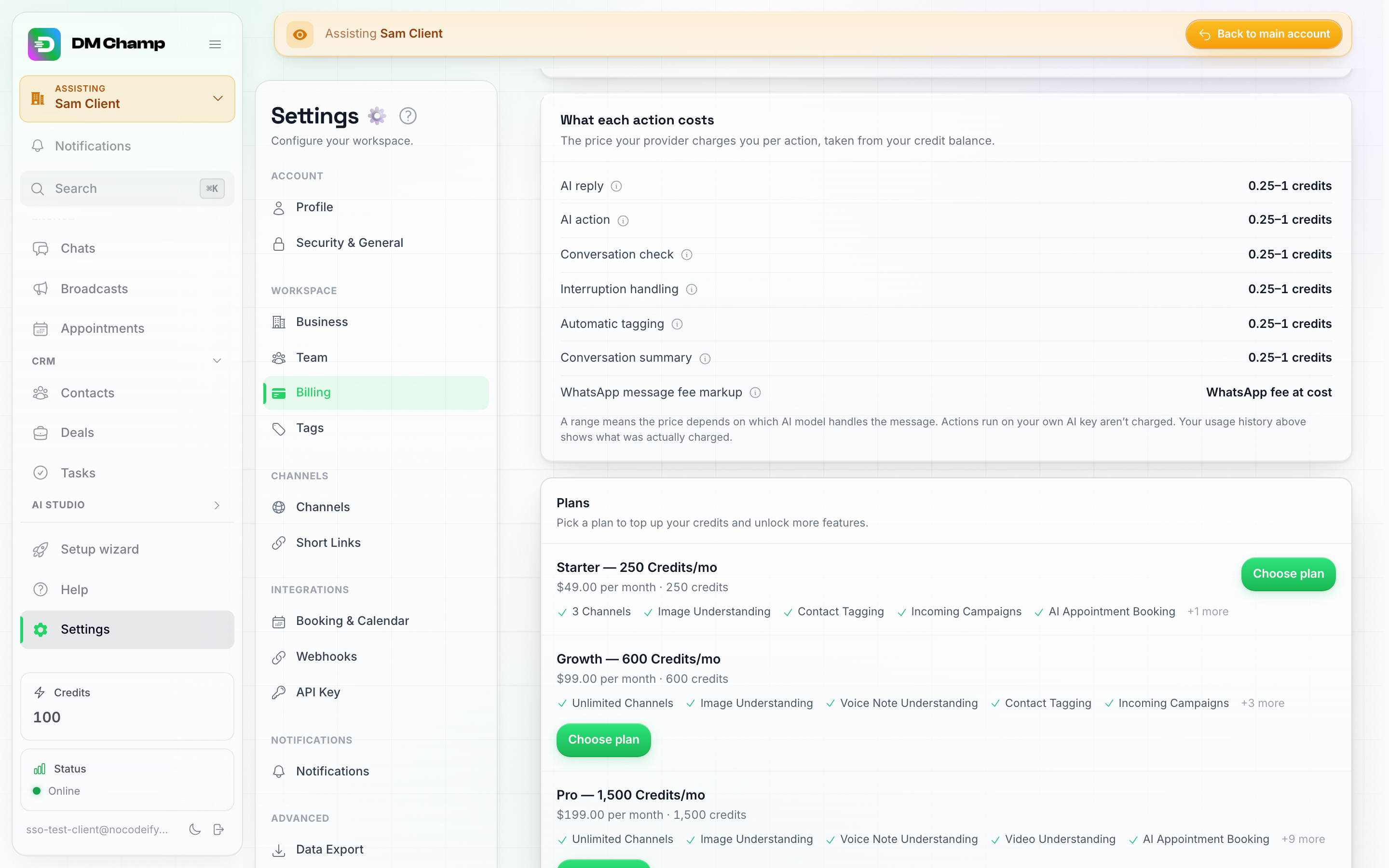 A reselling sub-account's Settings → Billing page, showing the What each action costs card and the agency's Plans card with three plans, each listing monthly credits, included features and a Choose plan button