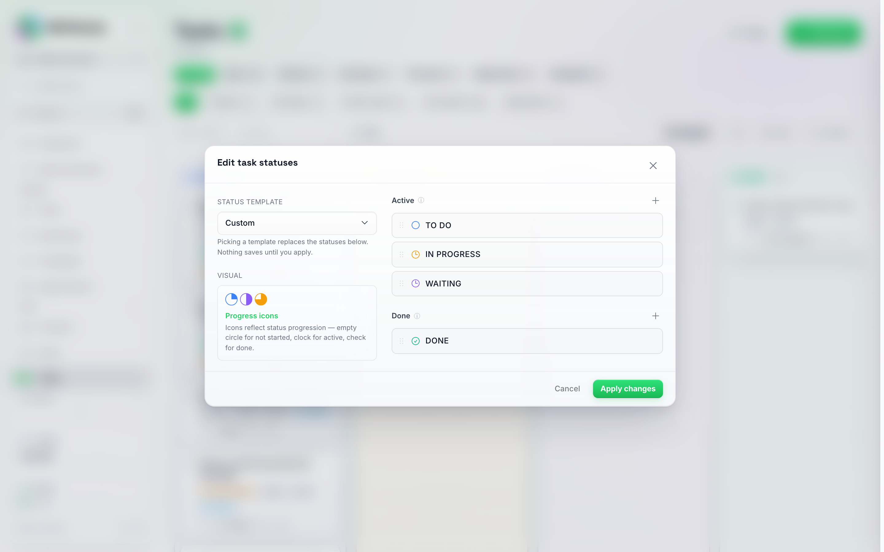 El diálogo Editar estados de tarea mostrando el grupo Activo (Por hacer, En progreso, En espera) y el grupo Hecho (Hecho), con un selector de plantillas de estado a la izquierda