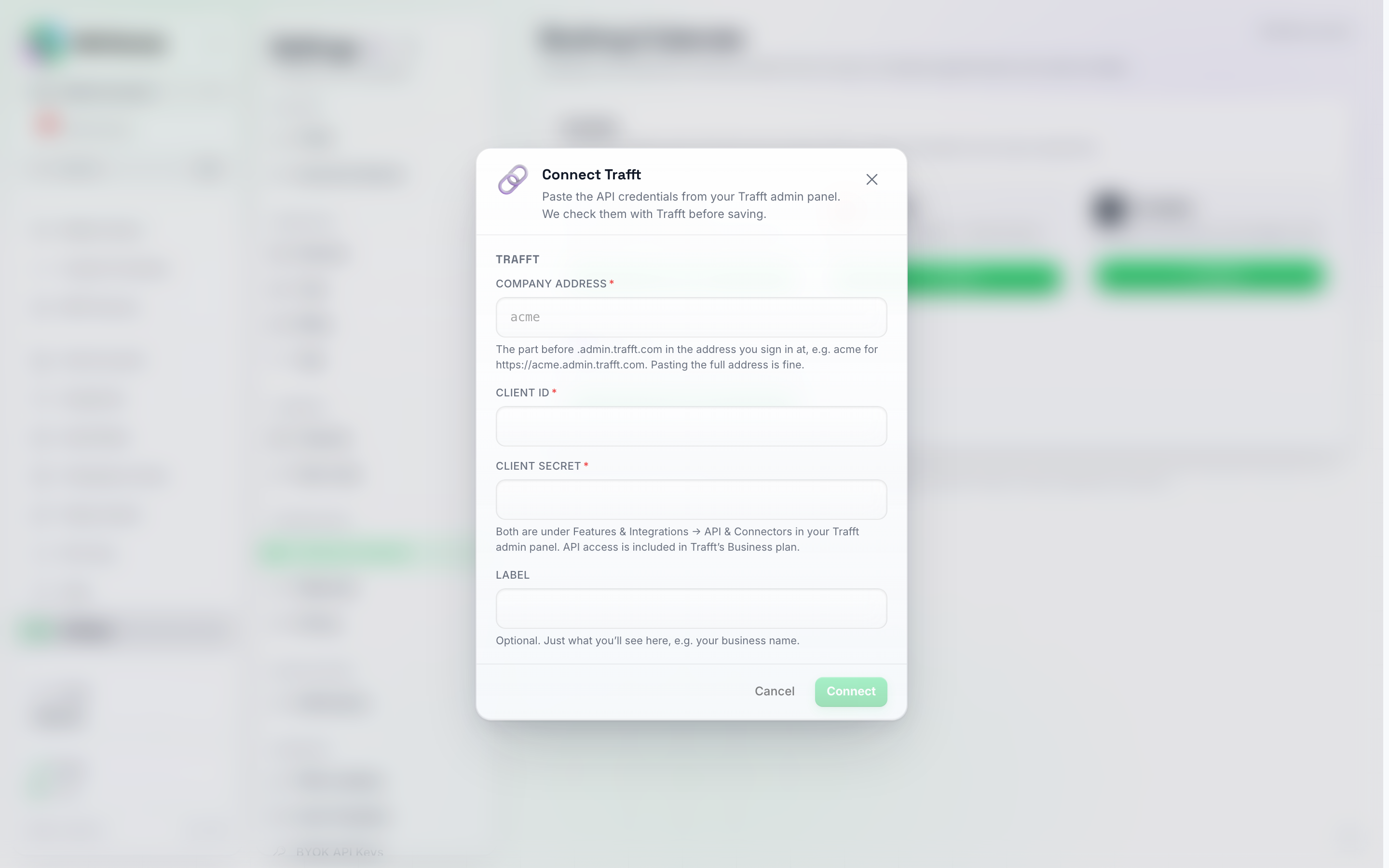 The Connect Trafft dialog, with fields for Company address, Client ID, Client Secret, and an optional Label