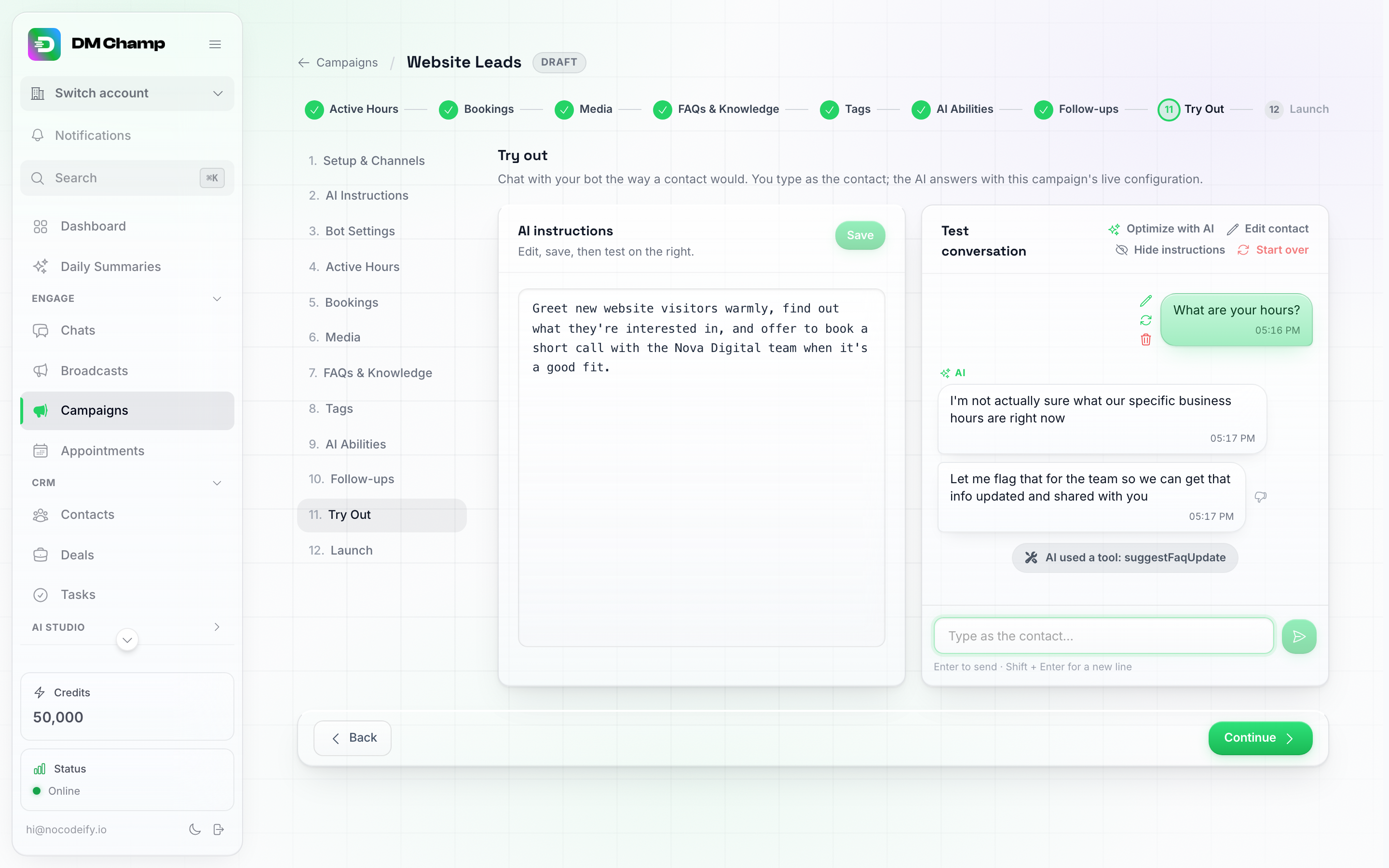 Bir test kullanıcısı mesajını, yapay zekanın yanıtını ve yapay zekanın bir araç kullandığına dair notu gösteren bir Try Out test sohbeti; test kullanıcısı mesajının yanında kalem, yeniden başlatma ve silme simgeleri, yapay zeka yanıtının yanında ise beğenmeme simgesi bulunuyor