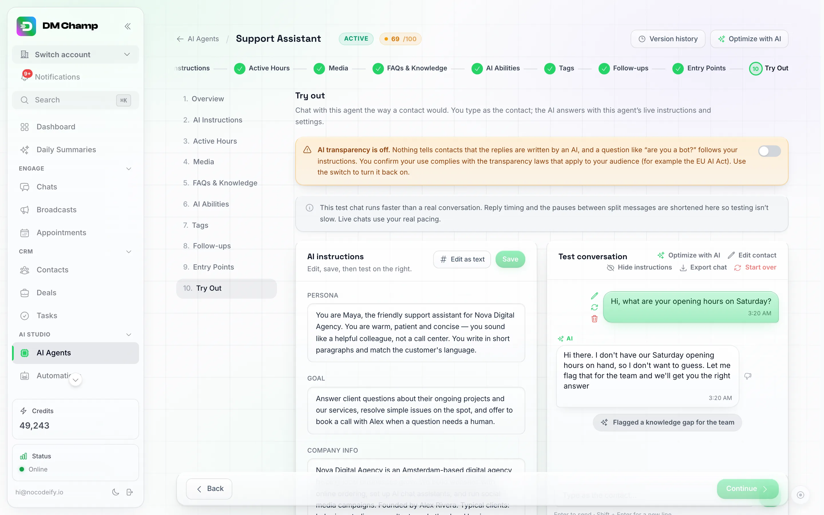 Uma conversa de teste no Try Out mostrando uma mensagem do testador, a resposta da IA e uma nota de que a IA usou uma ferramenta, com o botão Exportar chat no cabeçalho do painel, os ícones de lápis, reiniciar e excluir ao lado da mensagem do testador e um ícone de polegar para baixo ao lado da resposta da IA