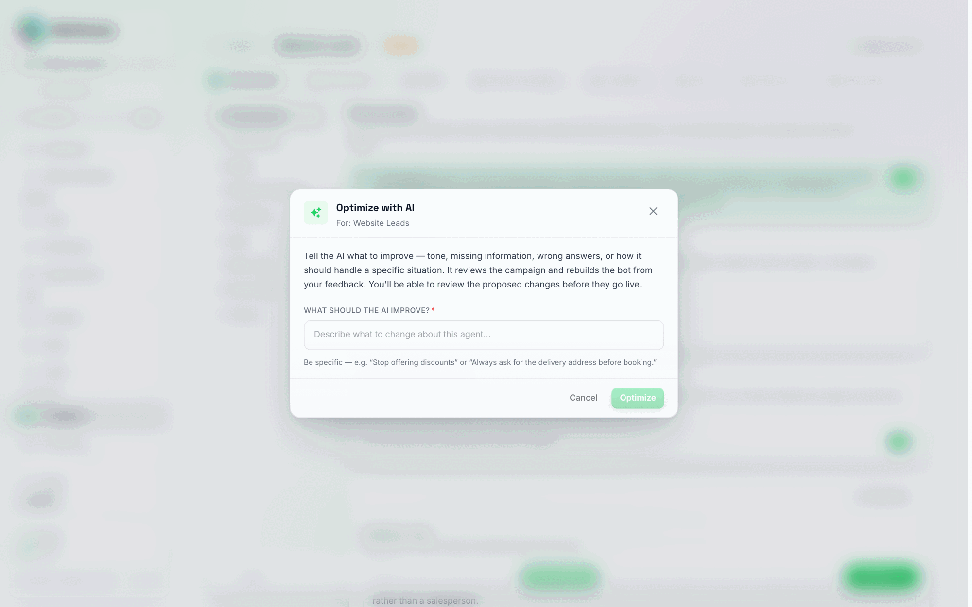 Yapay zekanın neyi iyileştirmesi gerektiğini soran bir metin alanı ve değişikliklerin yayına girmeden önce incelenebileceğini açıklayan Yapay Zeka ile Optimize Et iletişim kutusu