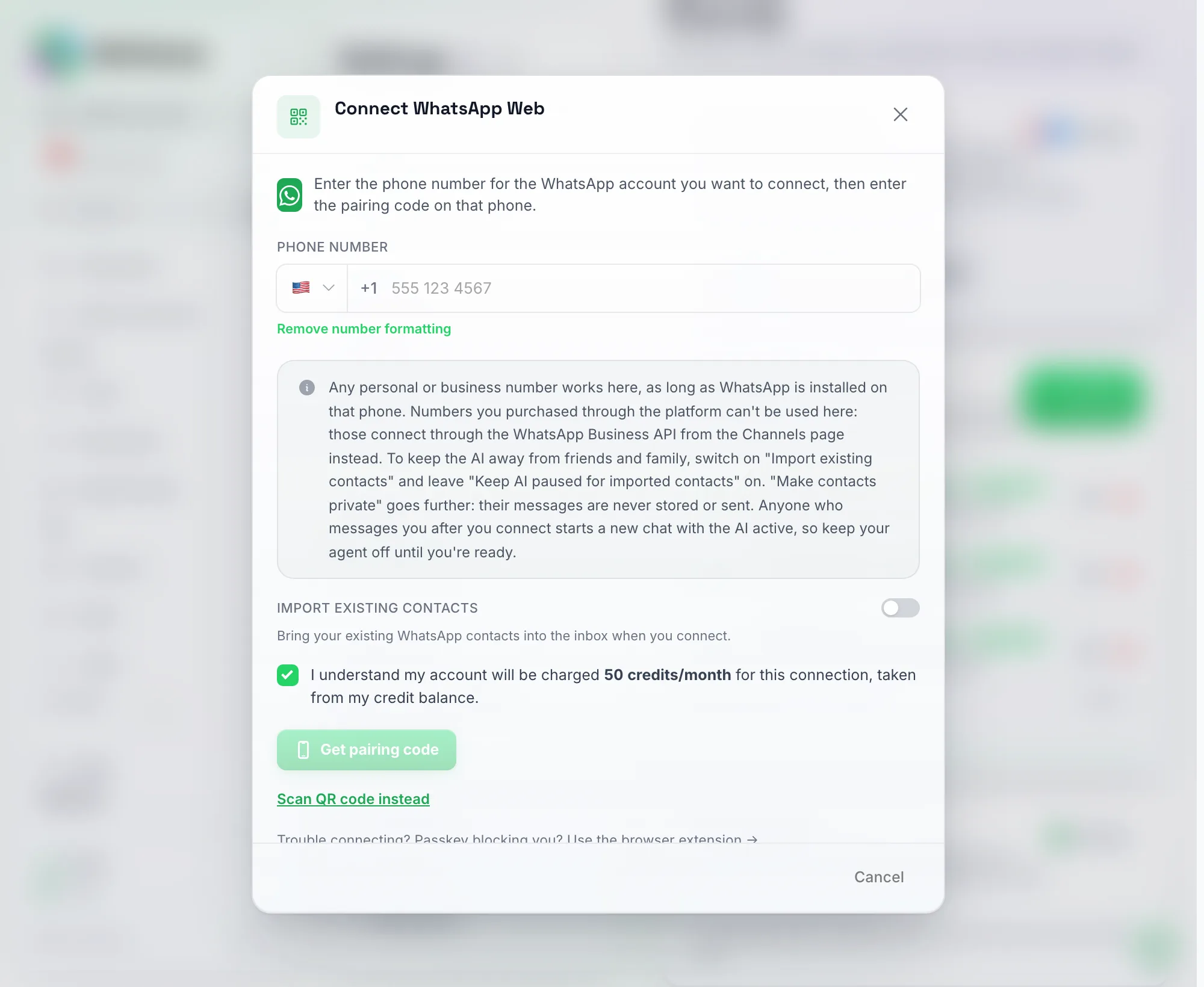 نفس نافذة توصيل WhatsApp Web بعد النقر على الربط برقم الهاتف بدلاً من ذلك — الزر الرئيسي يقرأ الآن الحصول على رمز الاقتران والرابط أدناه يقرأ مسح رمز QR بدلاً من ذلك