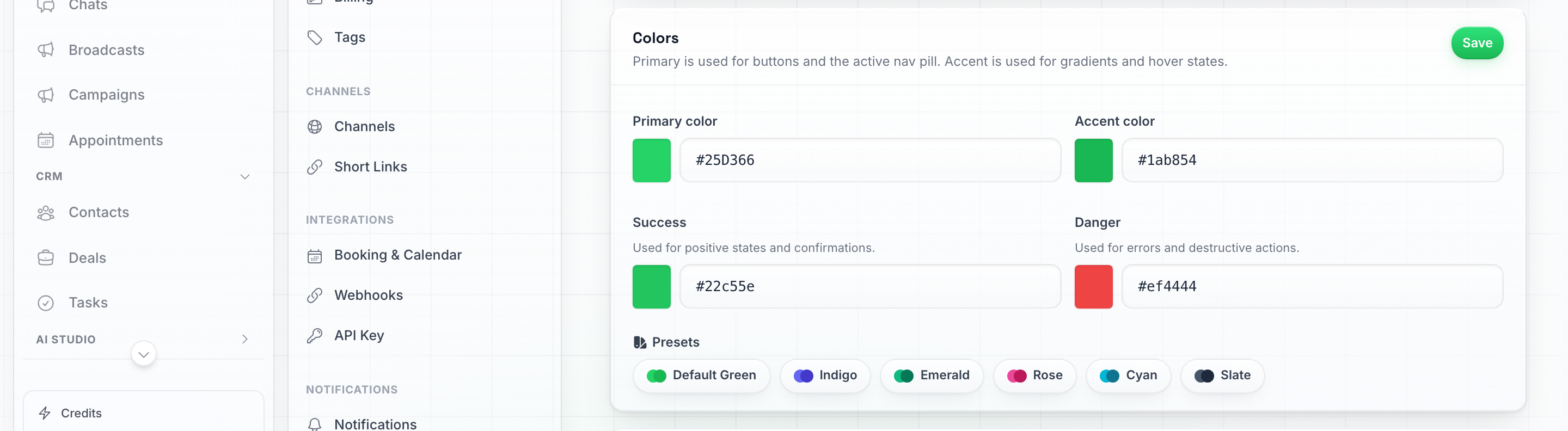 La carte Couleurs dans la v2, montrant les échantillons de couleur primaire, couleur d'accentuation, succès et danger, ainsi que six palettes prédéfinies