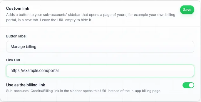 La tarjeta de enlace personalizado con la etiqueta de botón Gestionar facturación, una URL de enlace y la opción Usar como enlace de facturación activada
