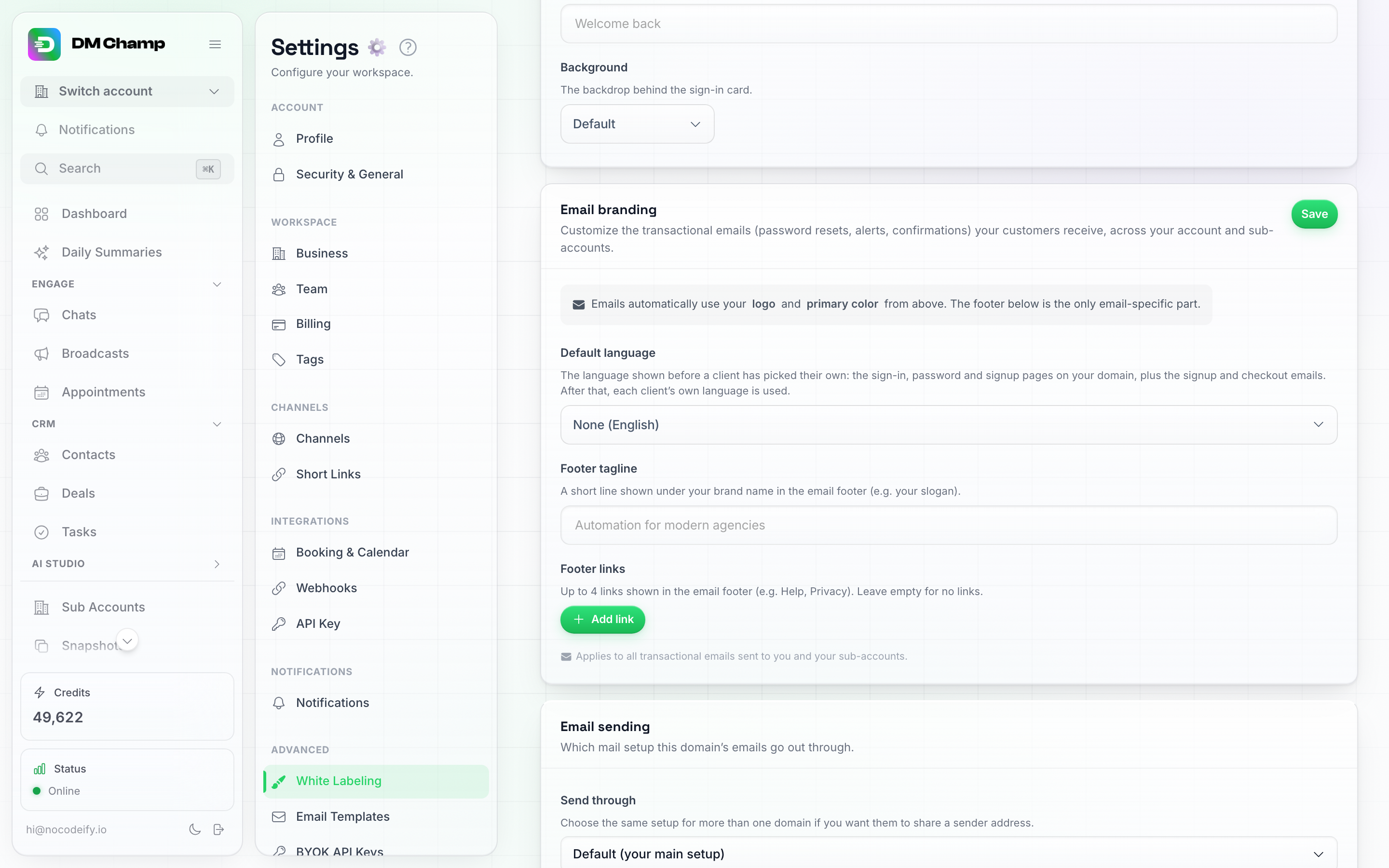 The Email branding card on the White Labeling page, showing the Default email language dropdown set to None (English), above the Footer tagline and Footer links fields