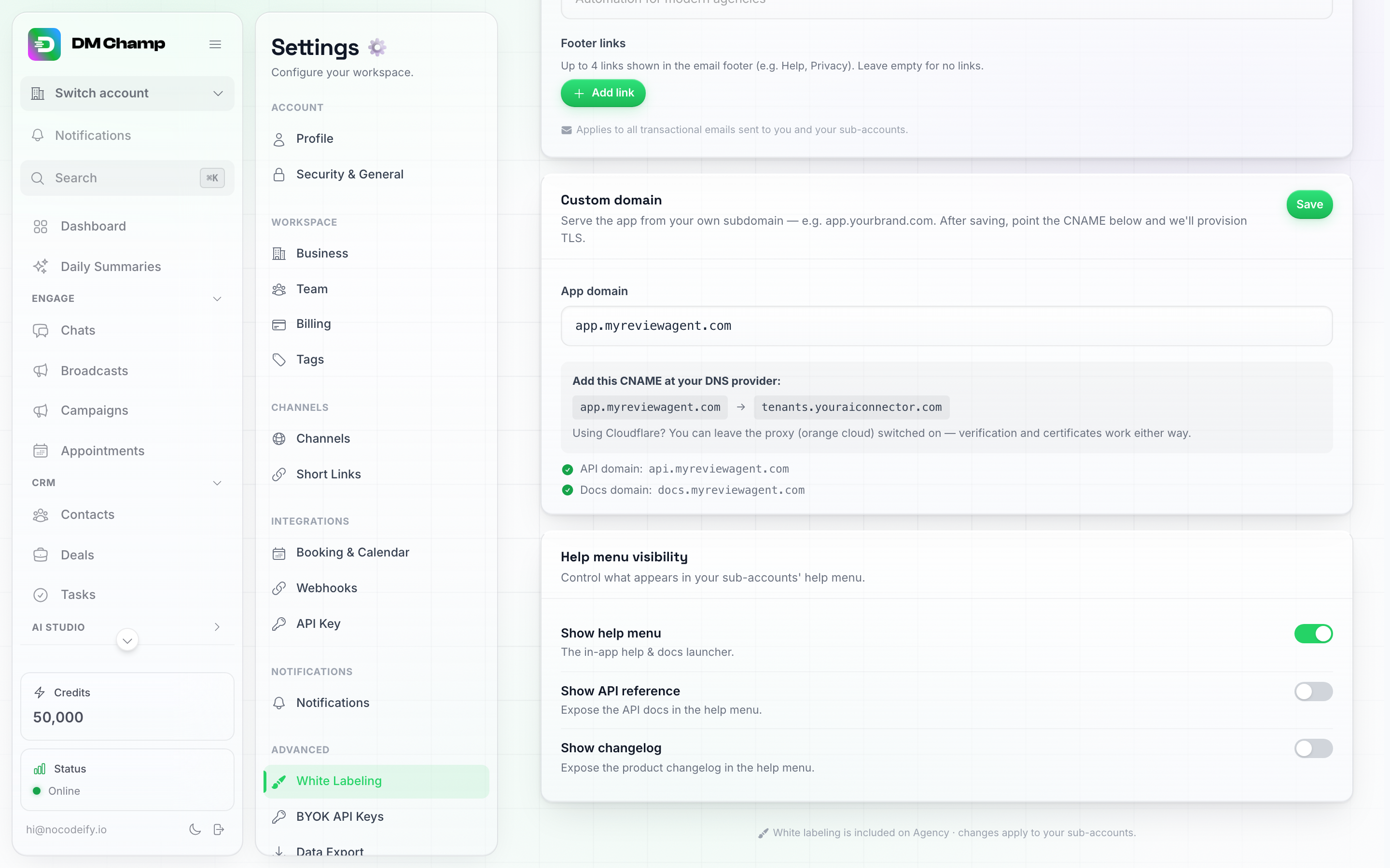O cartão de Visibilidade do Menu de Ajuda na v2 em uma conta white-labeled ativa, com Mostrar menu de ajuda ATIVADO e Mostrar referência da API e Mostrar changelog ambos DESATIVADOS