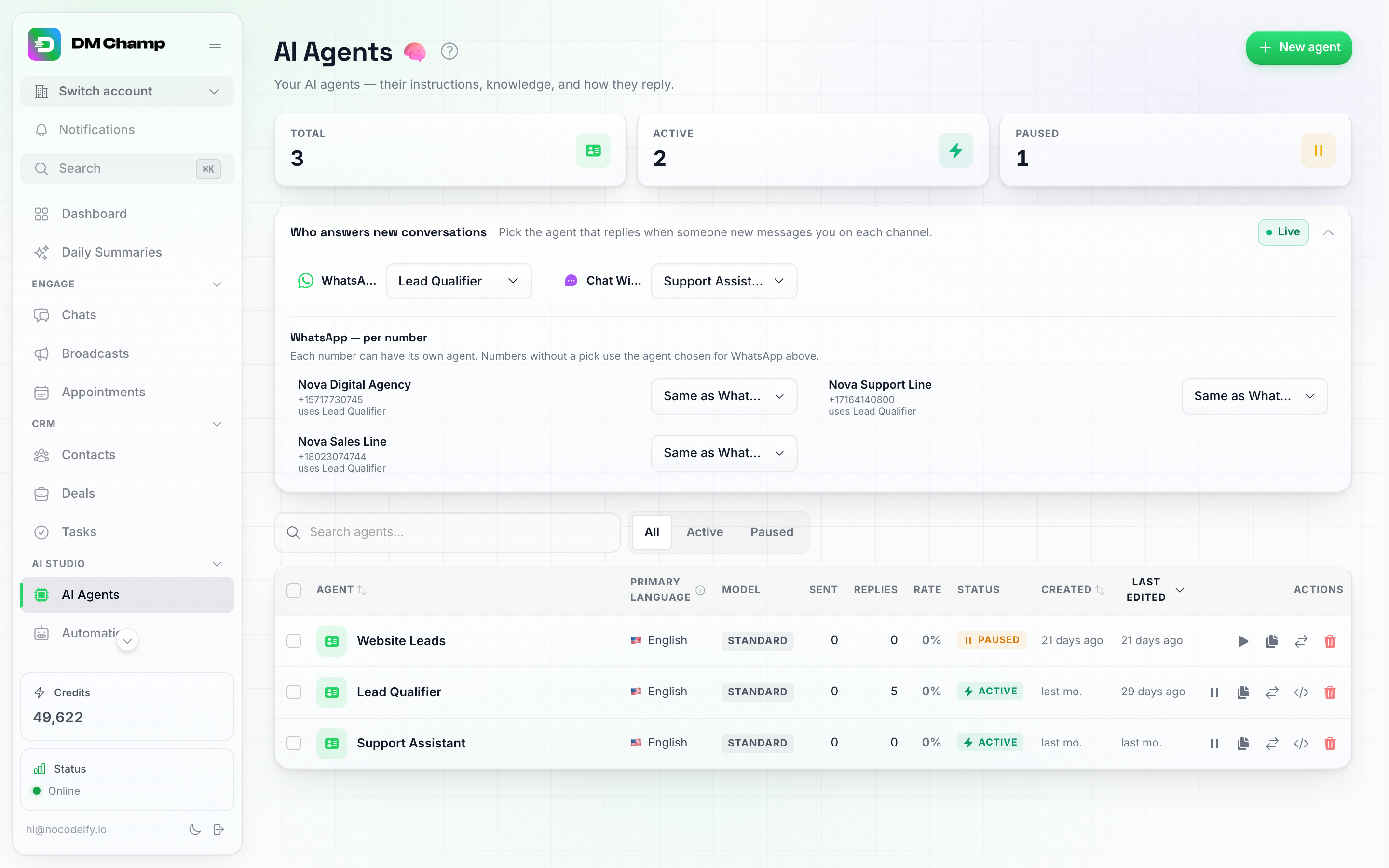 The Who Answers New Conversations panel expanded, with a WhatsApp — per number block underneath the channel rows listing three connected numbers, each with a picker set to Same as WhatsApp and a hint reading uses Lead Qualifier